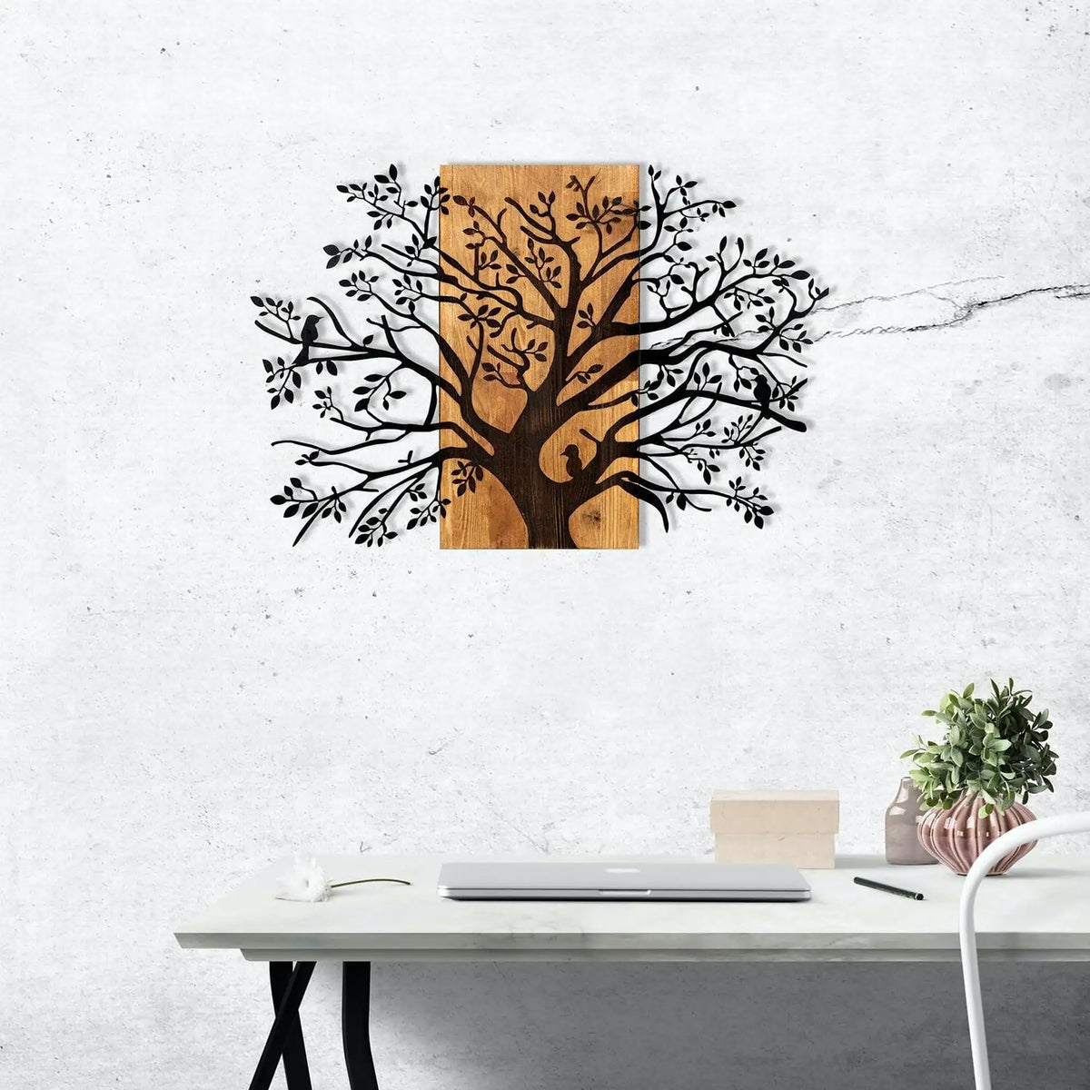 Decoratiune perete KAVAK, negru/stejar, metal/lemn, 85x58 cm