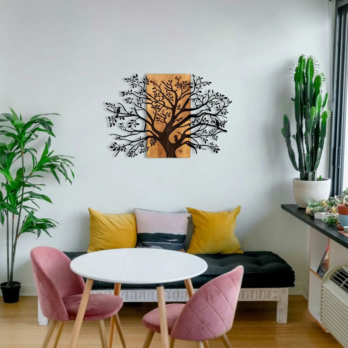 Decoratiune perete KAVAK, negru/stejar, metal/lemn, 85x58 cm