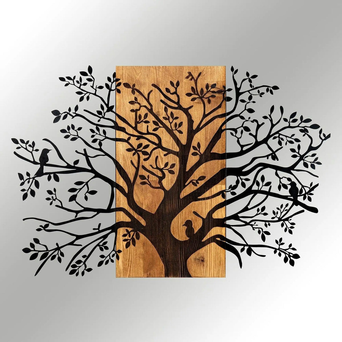Decoratiune perete KAVAK, negru/stejar, metal/lemn, 85x58 cm