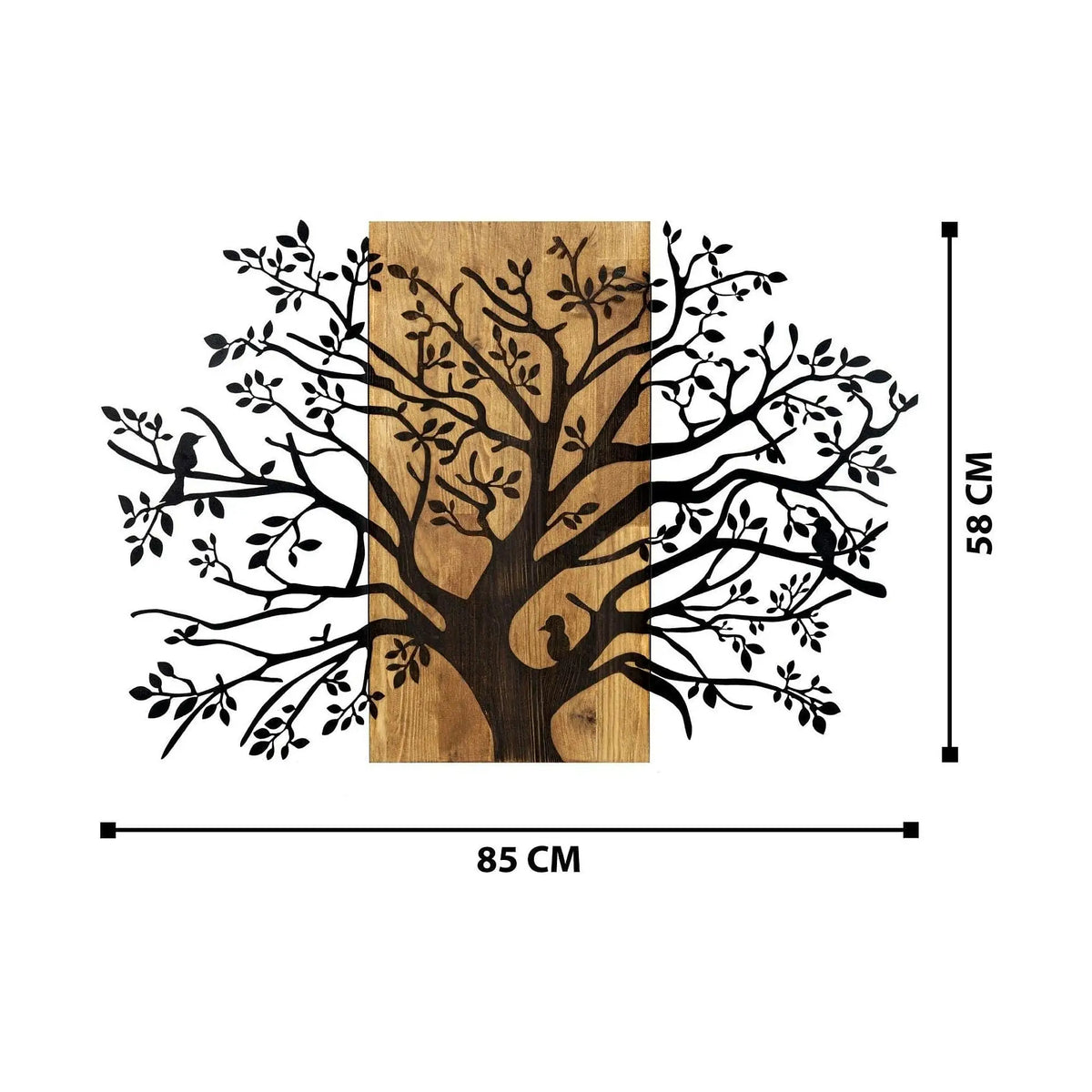 Decoratiune perete KAVAK, negru/stejar, metal/lemn, 85x58 cm