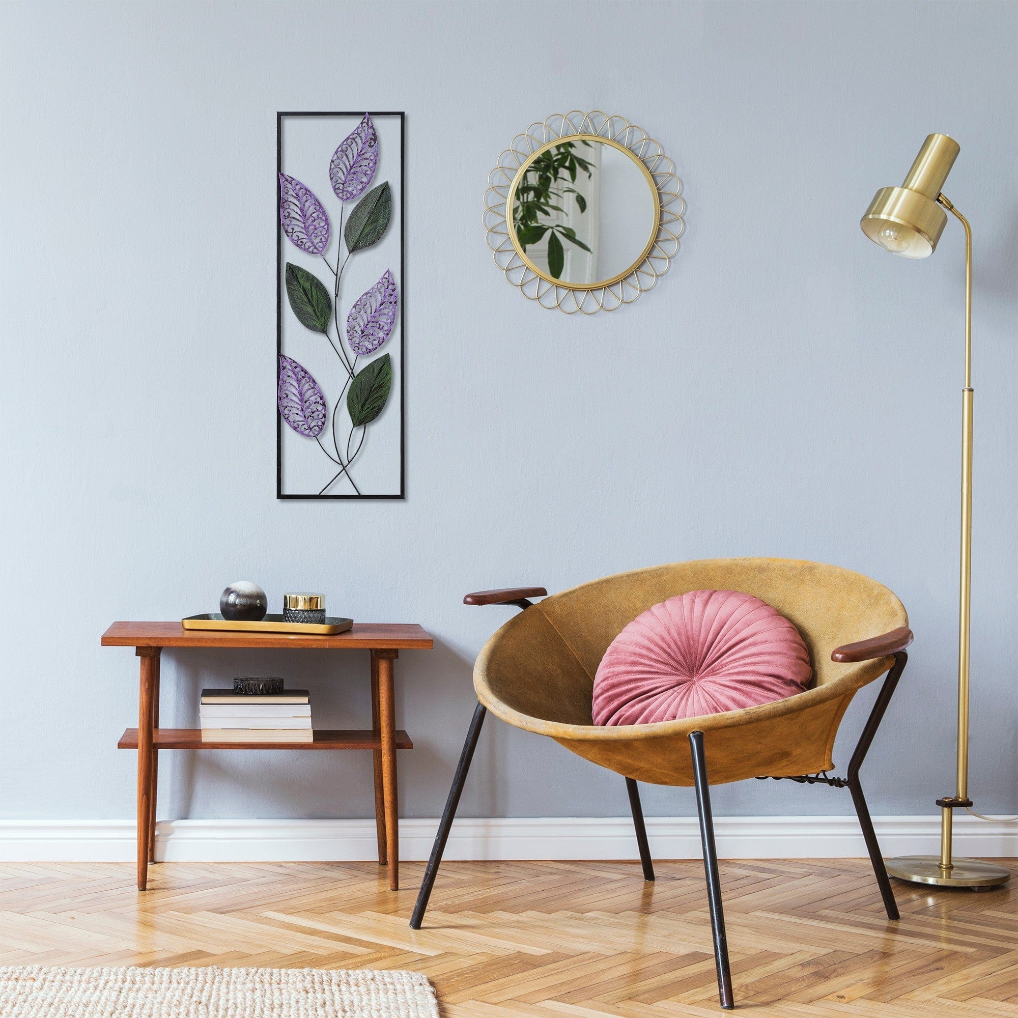 Decoratiune perete LEAF, verde/mov, metal, 32x90 cm