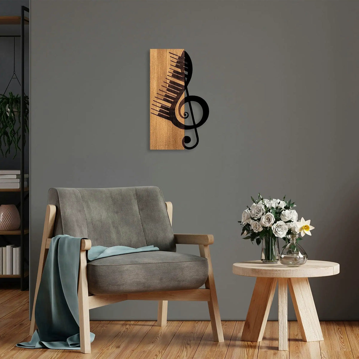 Decoratiune perete MUSICAL 1, stejar/negru, lemn/metal, 30x50 cm