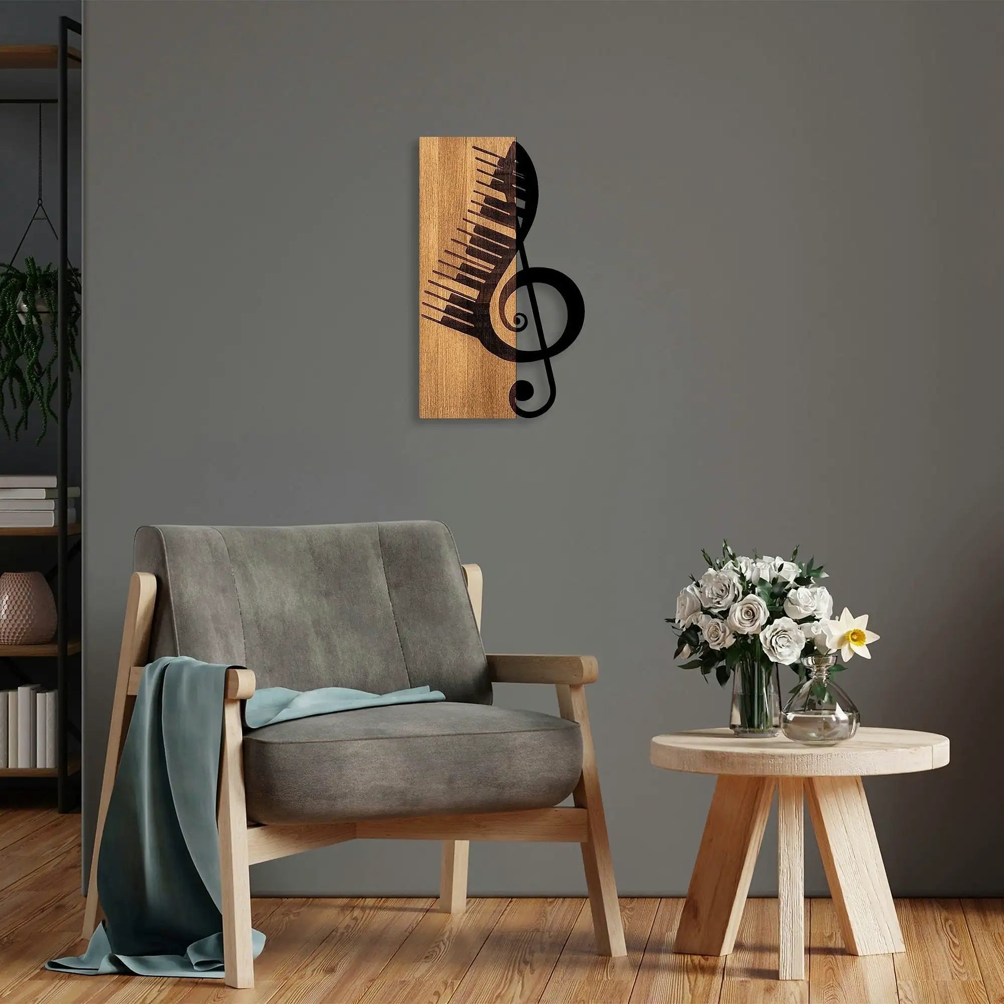 Decoratiune perete MUSICAL 1, stejar/negru, lemn/metal, 30x50 cm