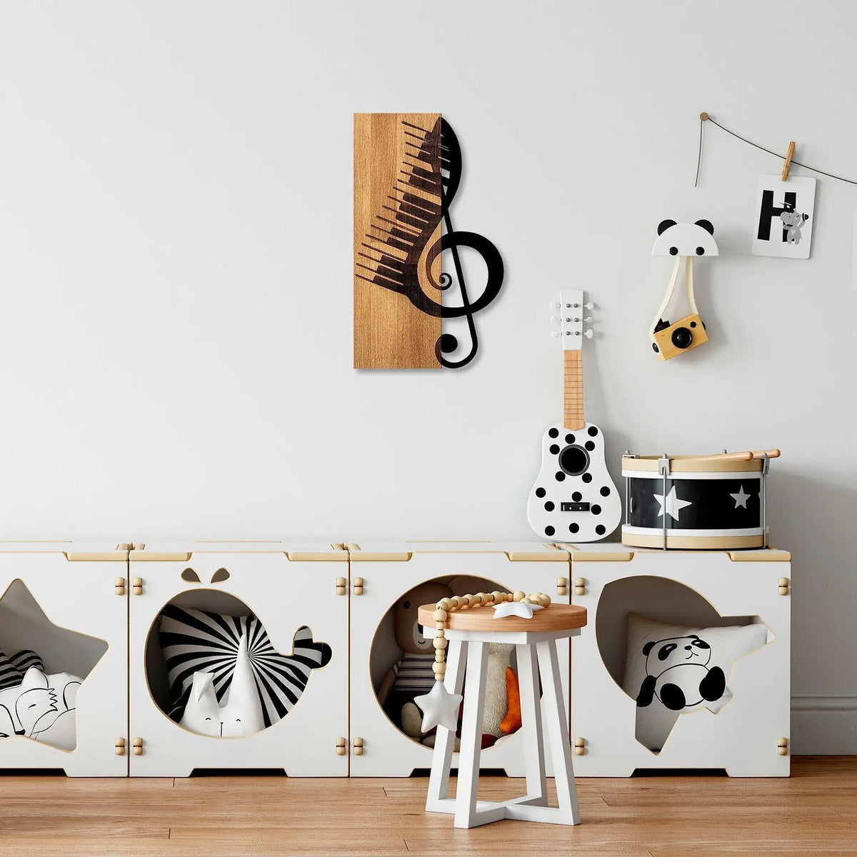 Decoratiune perete MUSICAL 1, stejar/negru, lemn/metal, 30x50 cm