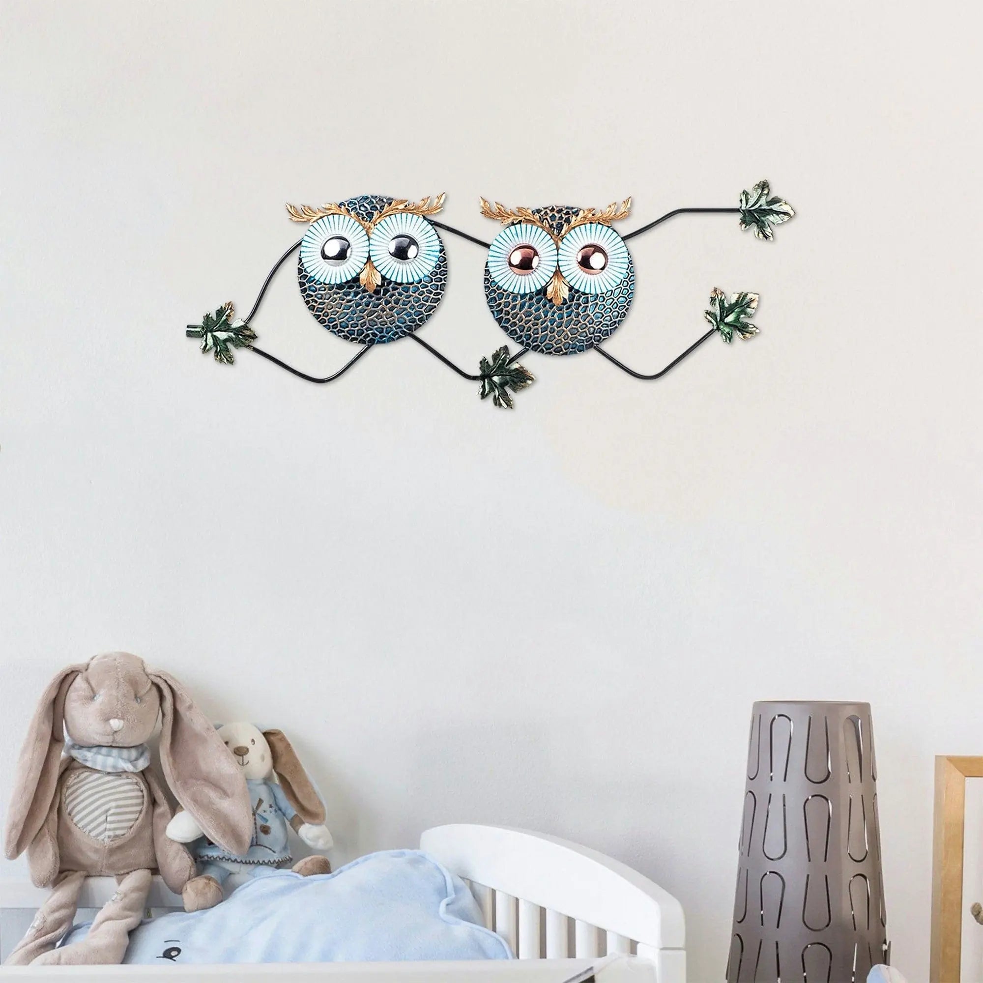 Decoratiune perete OWL 3, abastru/auriu, metal, 77x28 cm