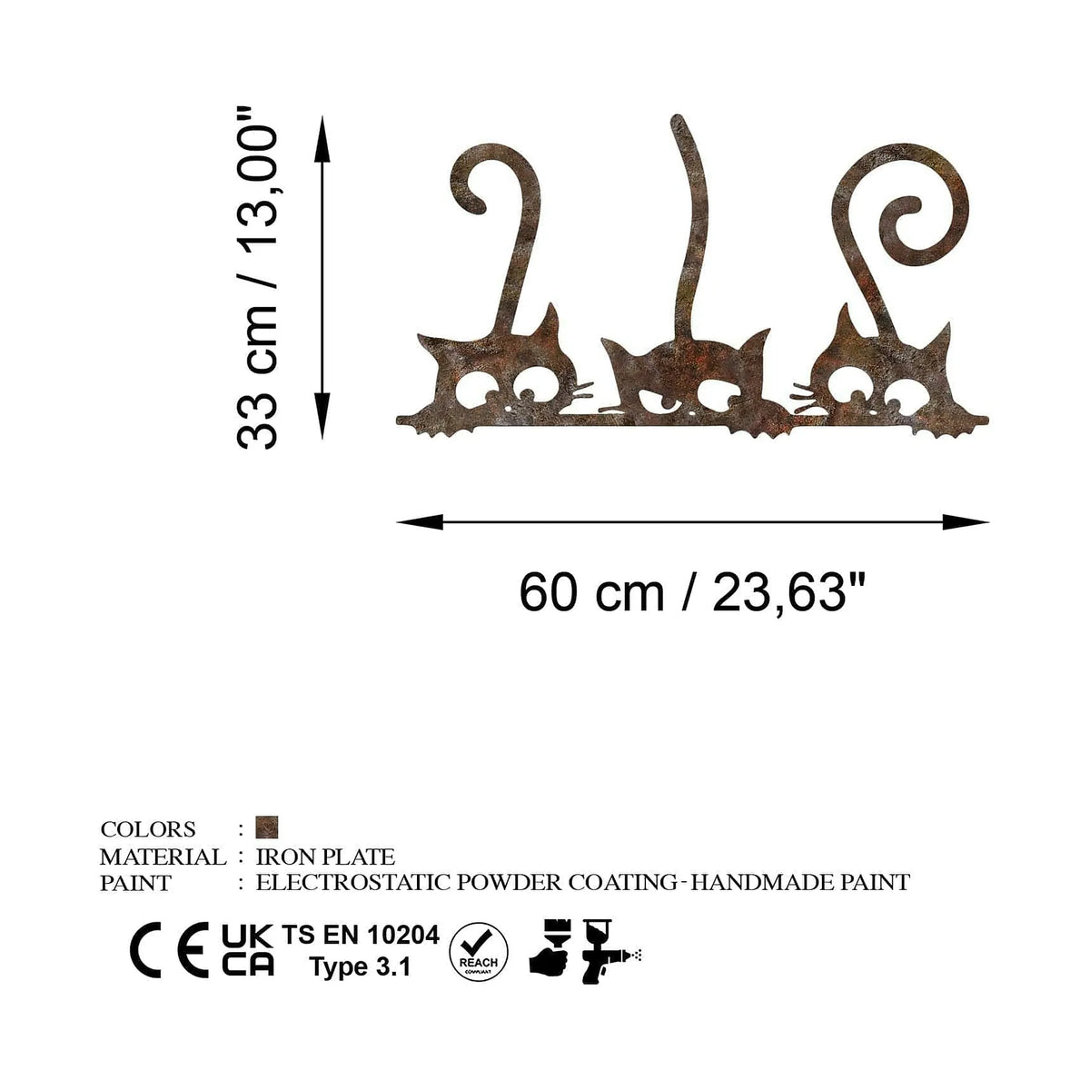 Decoratiune perete RUSTY CATS 1, maro, metal, 60x33 cm