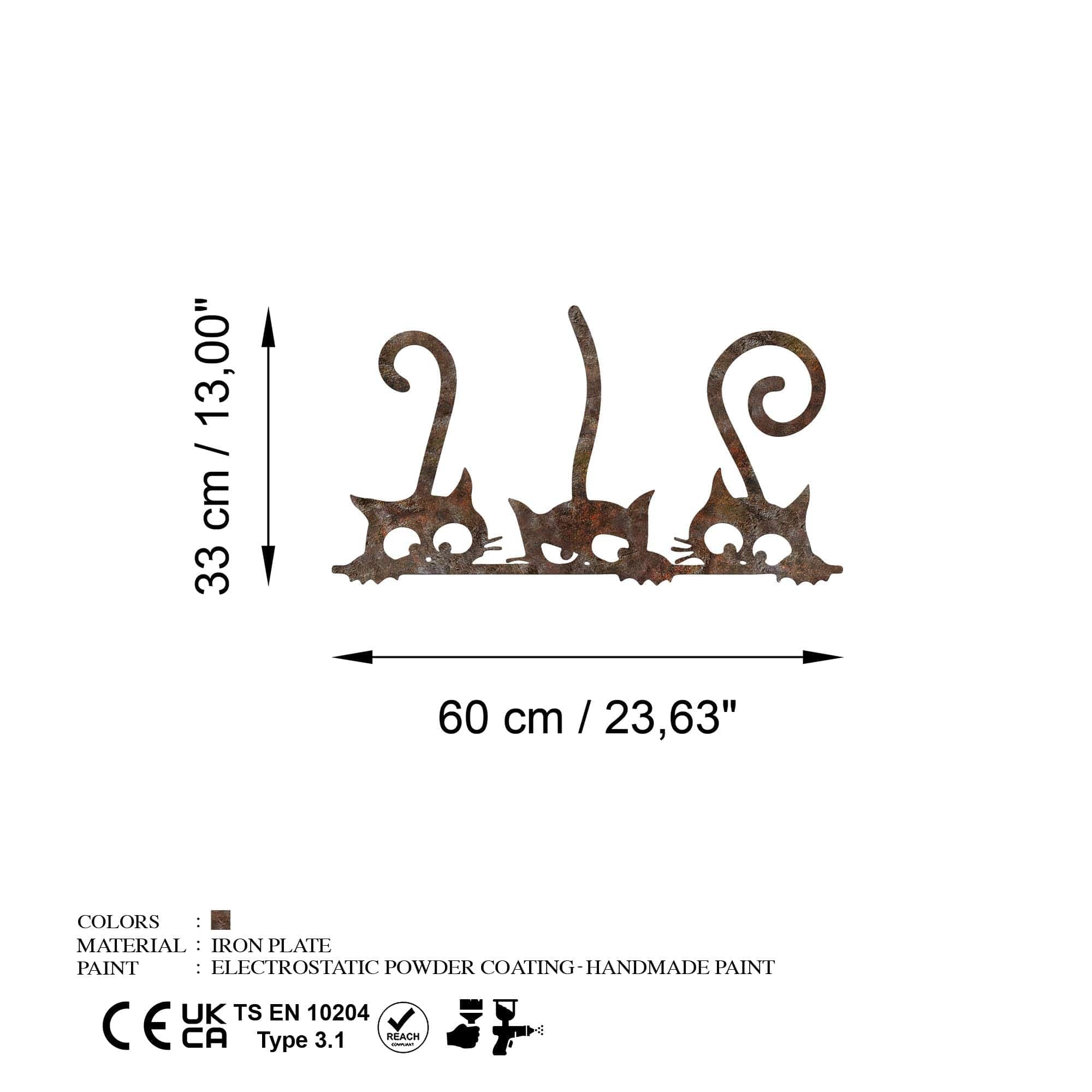 Decoratiune perete RUSTY CATS 1, maro, metal, 60x33 cm