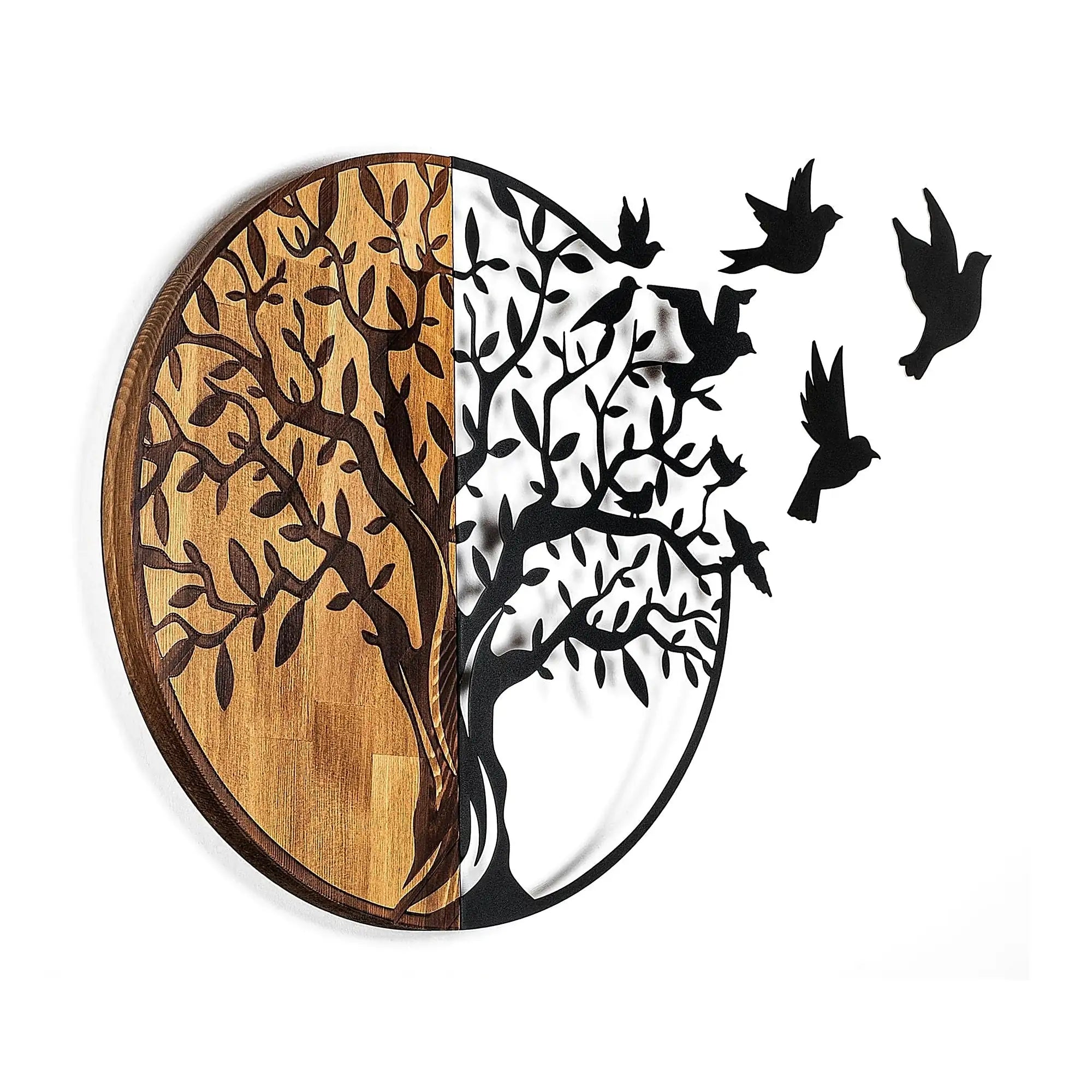 Decoratiune perete TREE AND BIRDS 322, negru/nuc, metal/lemn, 92x3x71 cm