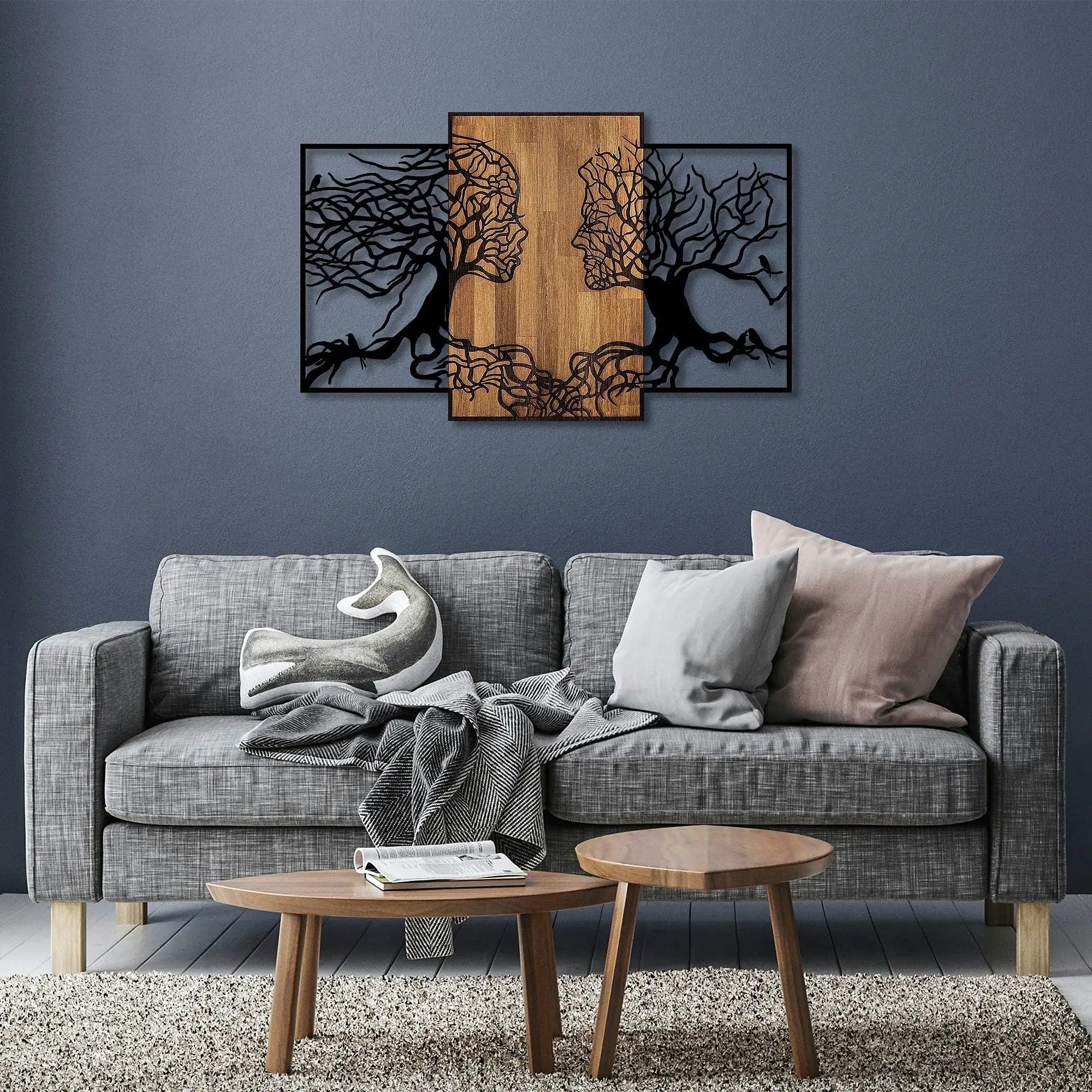 Decoratiune perete TREE LOVE 312, negru/nuc, metal/lemn, 125x3x79 cm