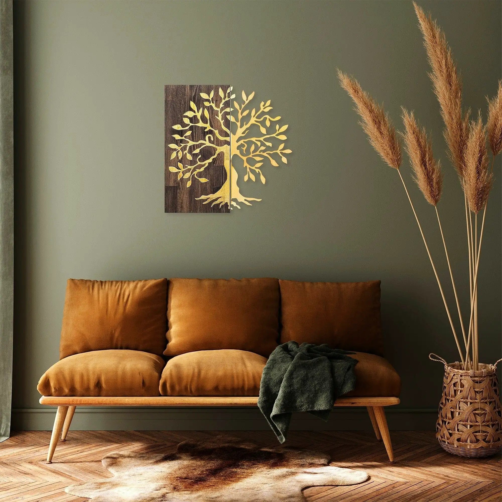 Decoratiune perete TREE, nuc/auriu, lemn/metal, 58x58 cm