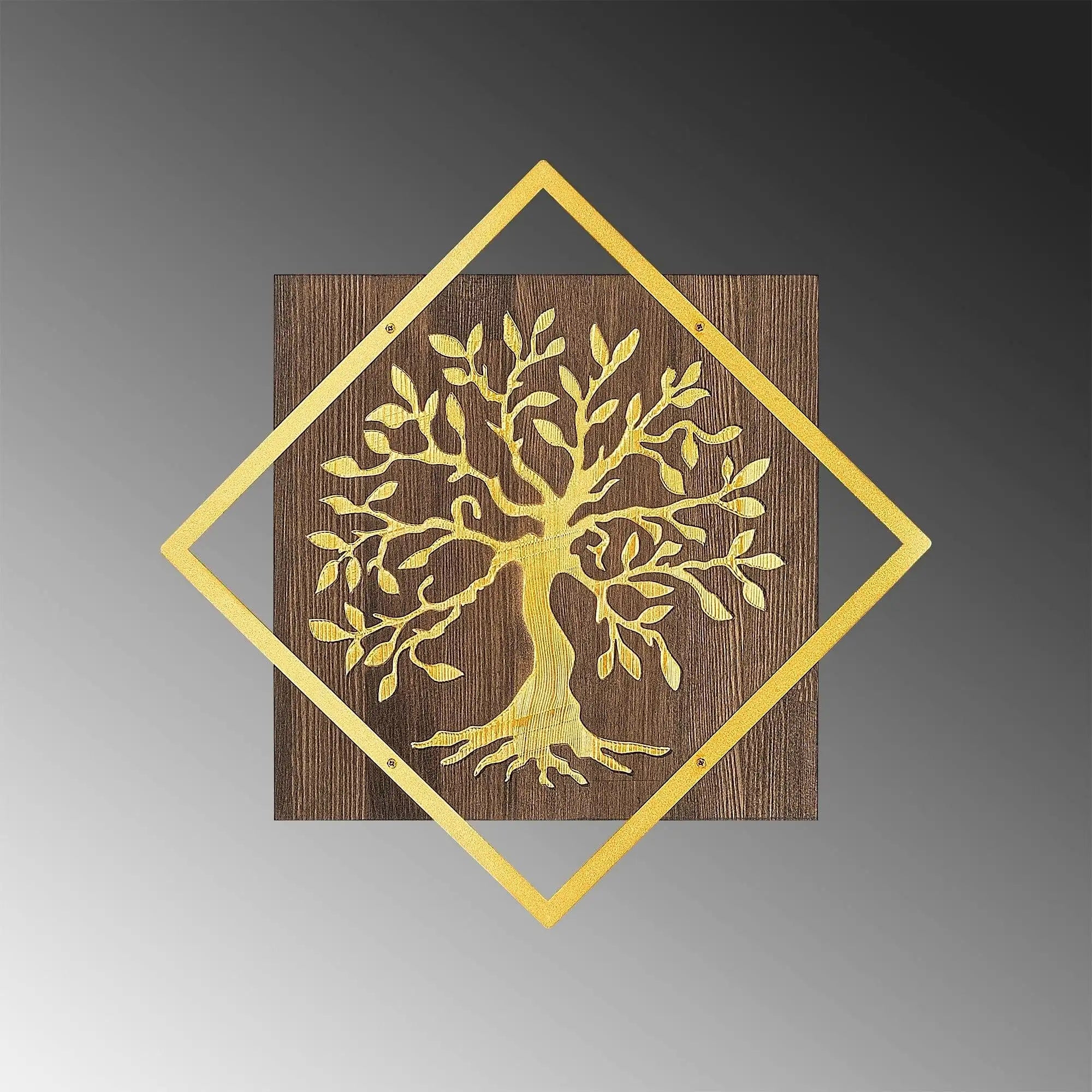 Decoratiune perete TREE V2, nuc/auriu, lemn/metal, 54x54 cm