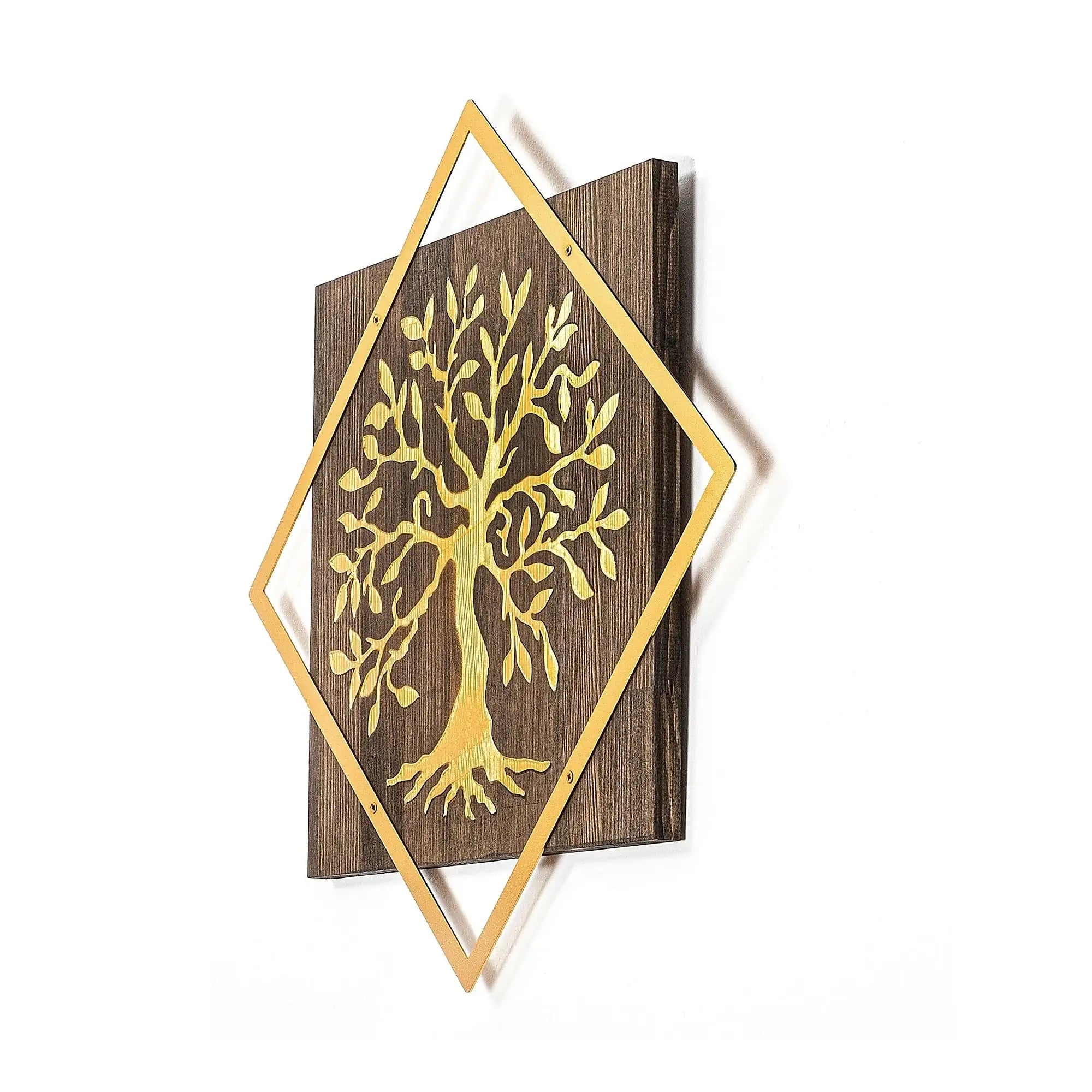 Decoratiune perete TREE V2, nuc/auriu, lemn/metal, 54x54 cm
