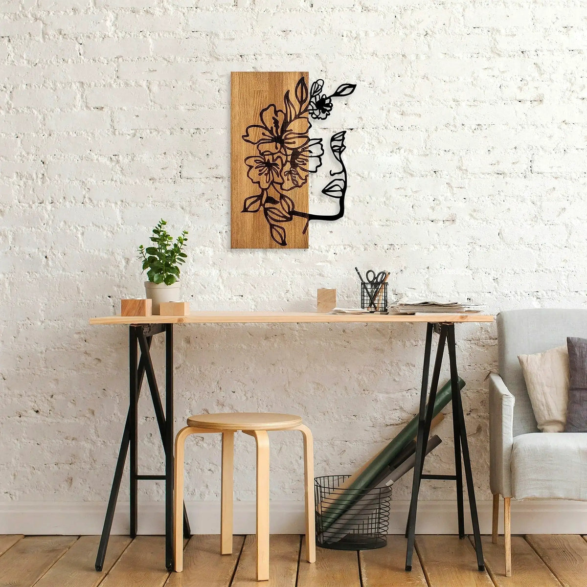 Decoratiune perete WOMAN FLORAL FACE 372, stejar/negru, lemn/metal, 40x58 cm