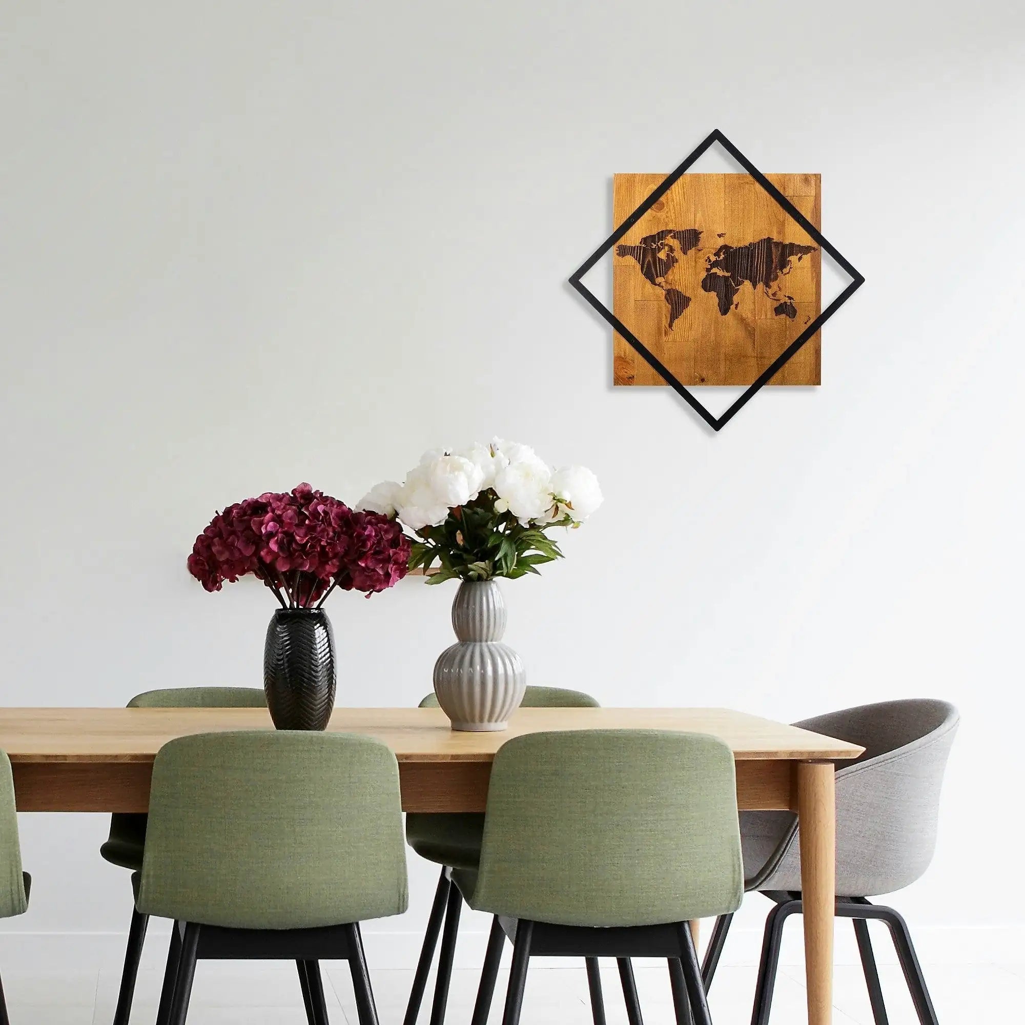 Decoratiune perete WORLD 2, stejar/negru, lemn/metal, 54x54 cm
