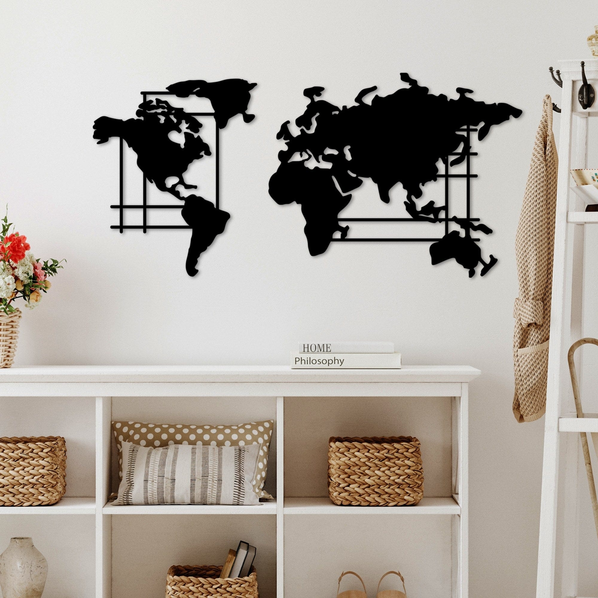 Decoratiune perete WORLD MAP-L, negru, metal, 120x56 cm