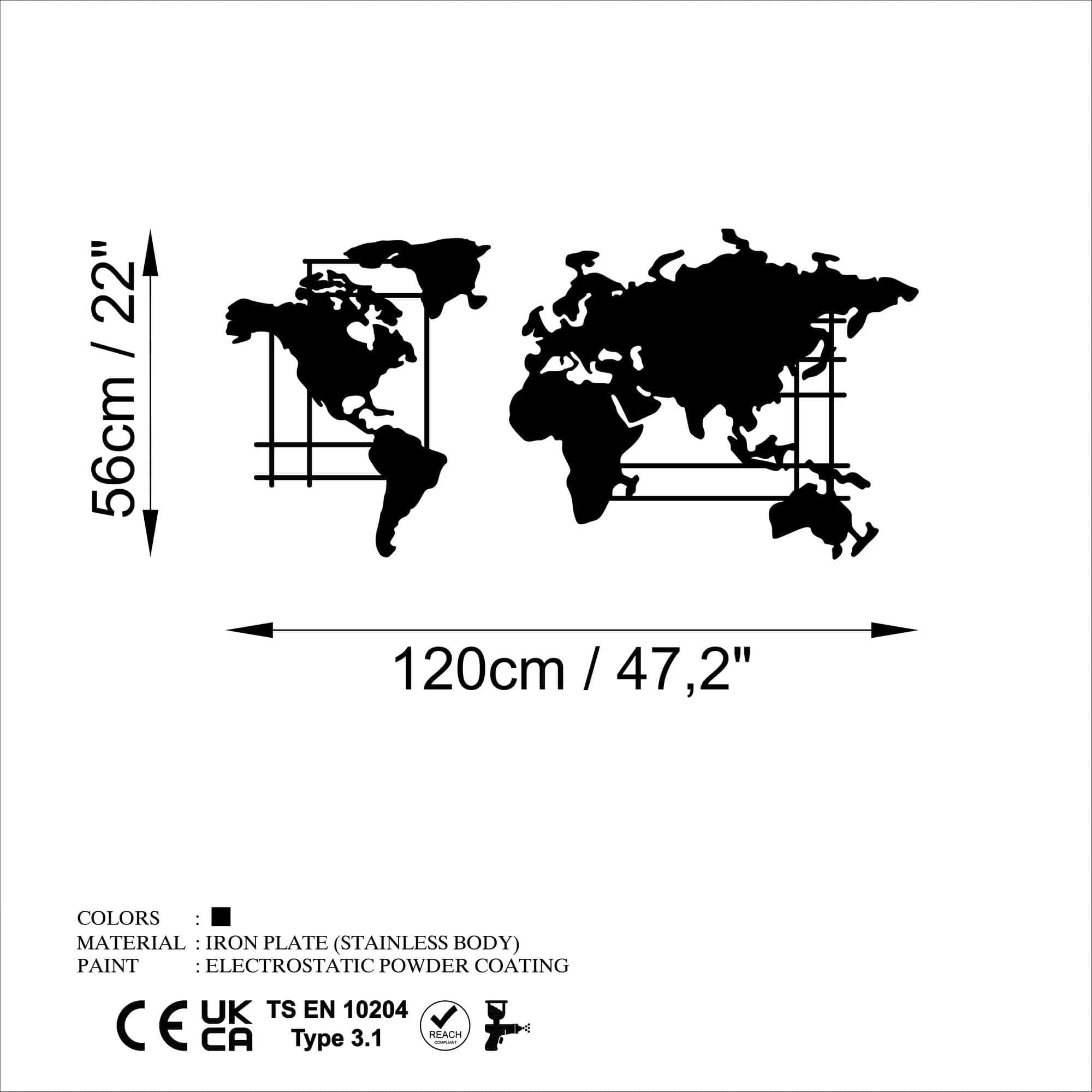 Decoratiune perete WORLD MAP-L, negru, metal, 120x56 cm