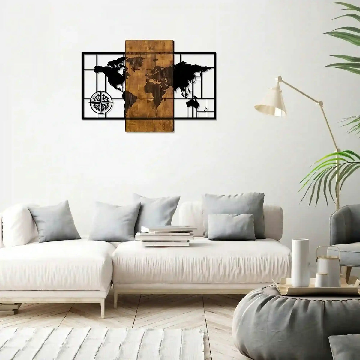 Decoratiune perete WORLD MAP WITH COMPASS, negru/nuc, lemn/metal, 85x58 cm