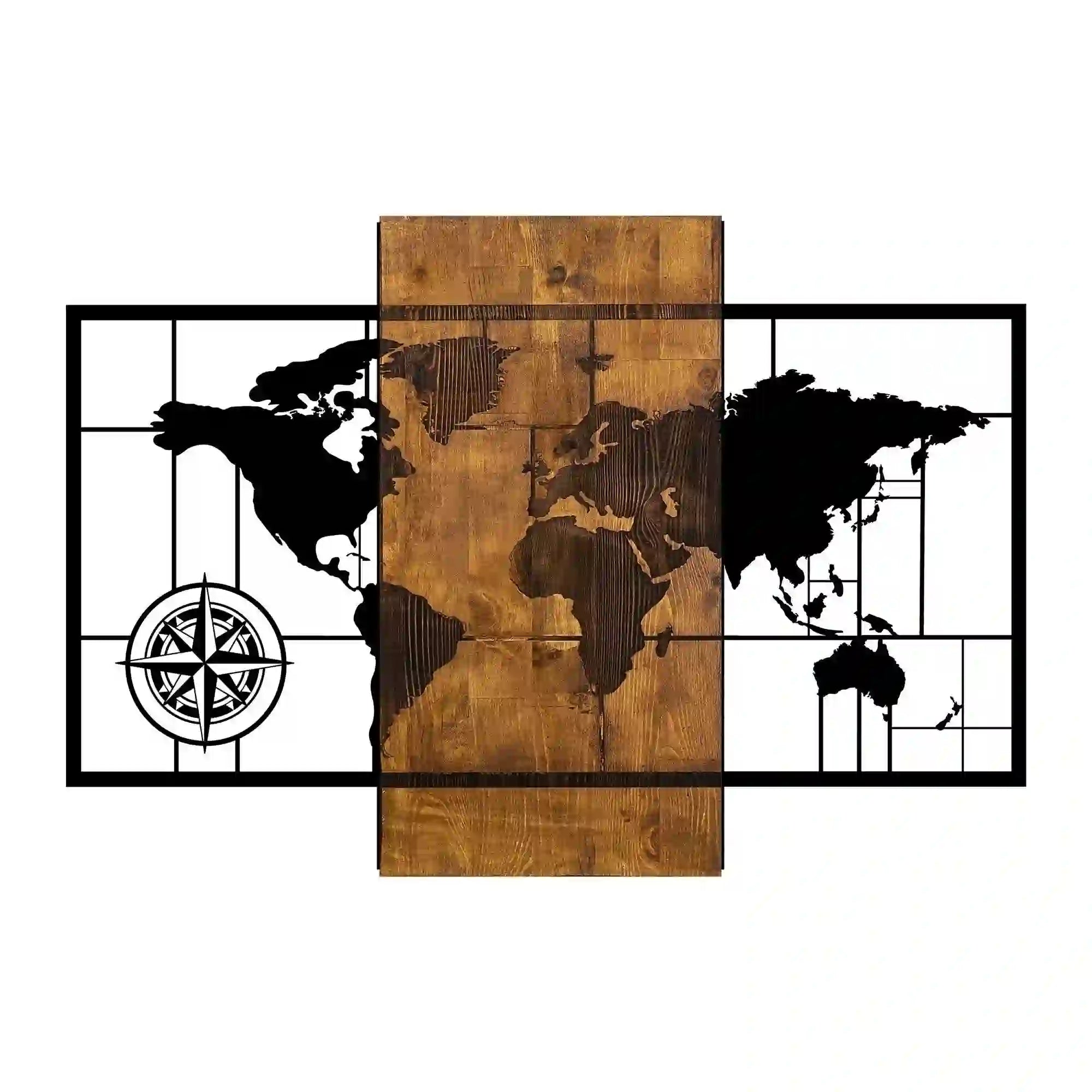 Decoratiune perete WORLD MAP WITH COMPASS, negru/nuc, lemn/metal, 85x58 cm