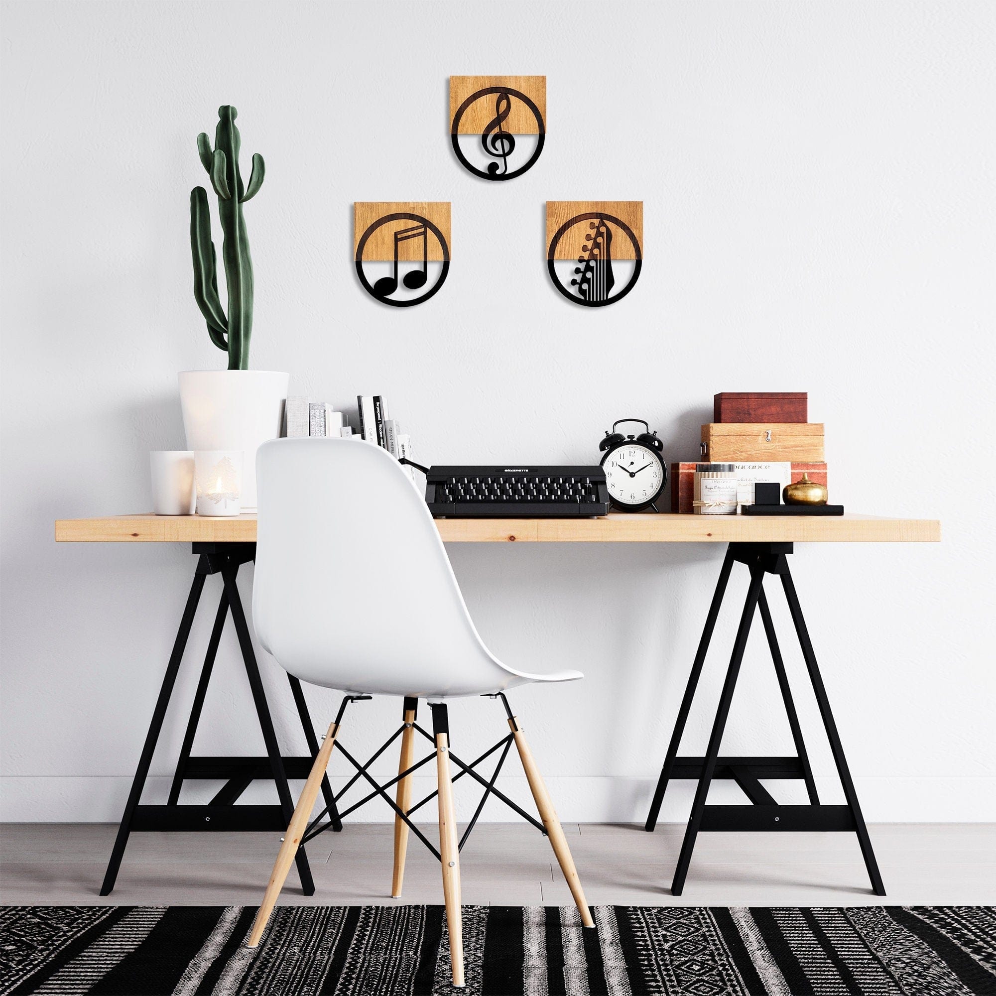 Decoratiuni perete JUST MUSIC - 334, negru/stejar, metal/lemn, 25x3x27 cm