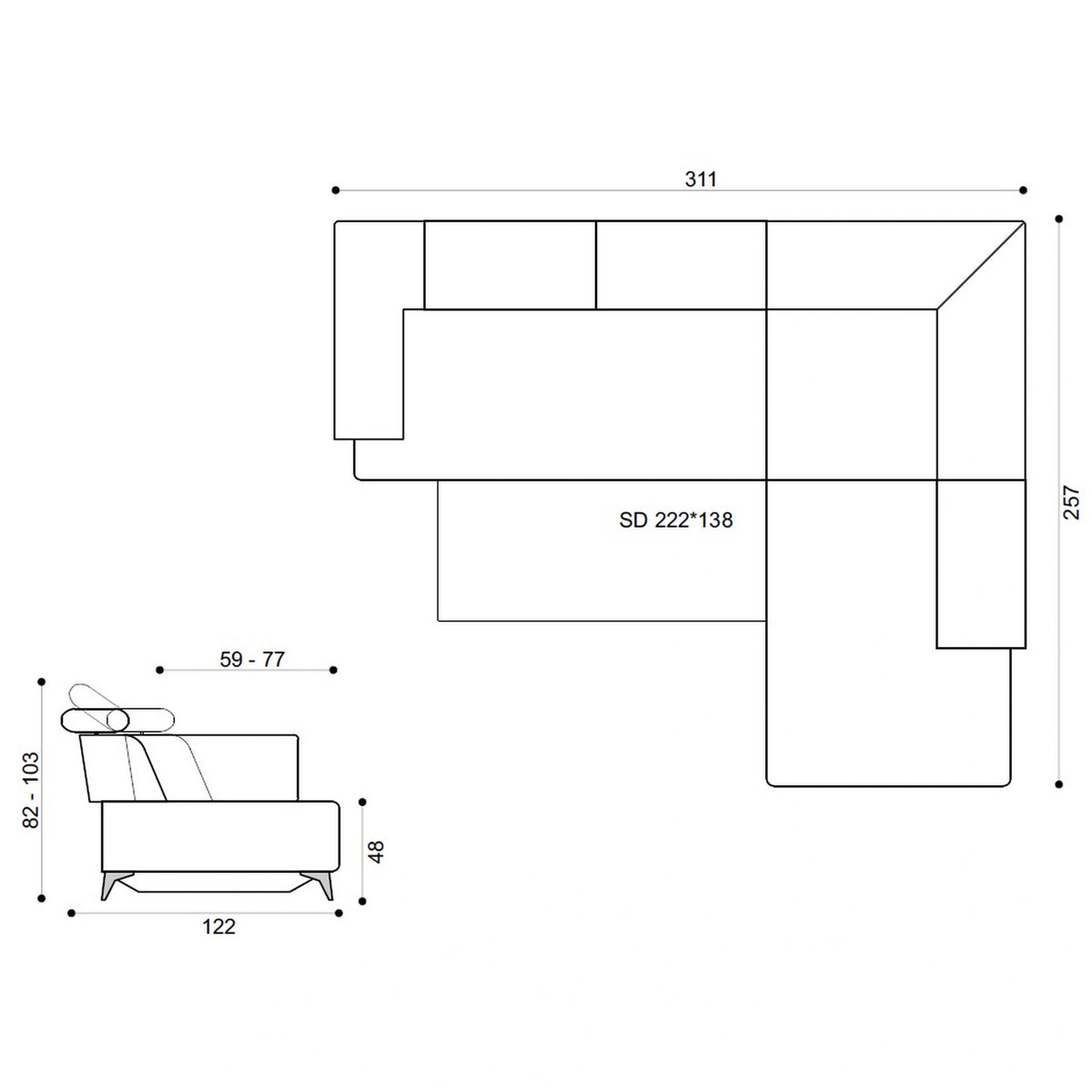 Coltar de living DELTA, sezlong dreapta, stofa gri - New York G003, 311x257x103 cm