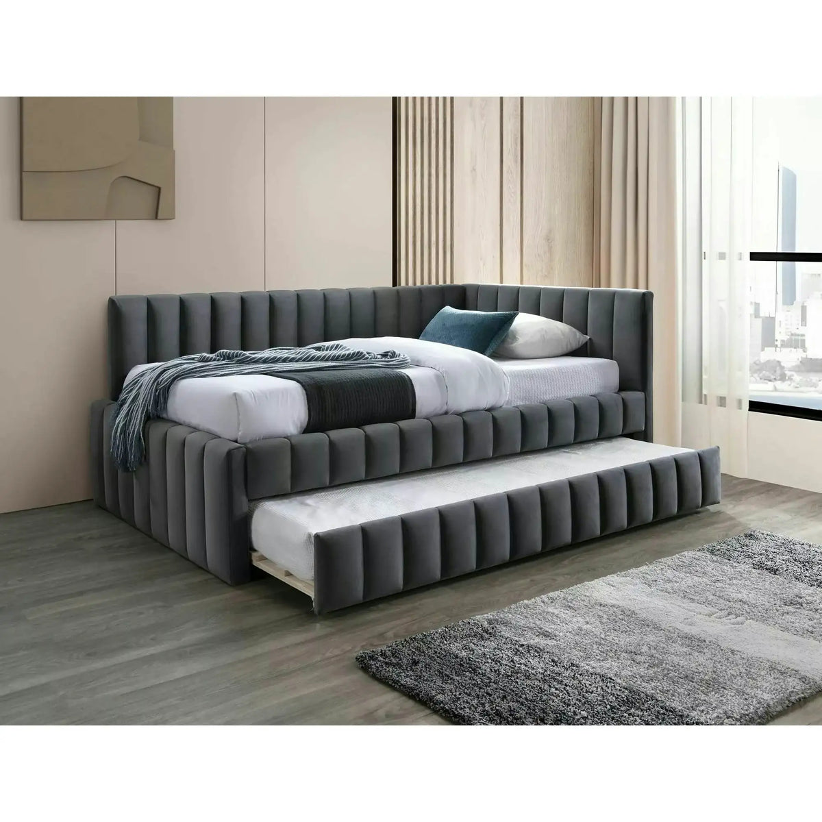 Divan 120x200 ALFIE, stofa catifelata gri - Bluvel 14, cu somiera si corp aditional