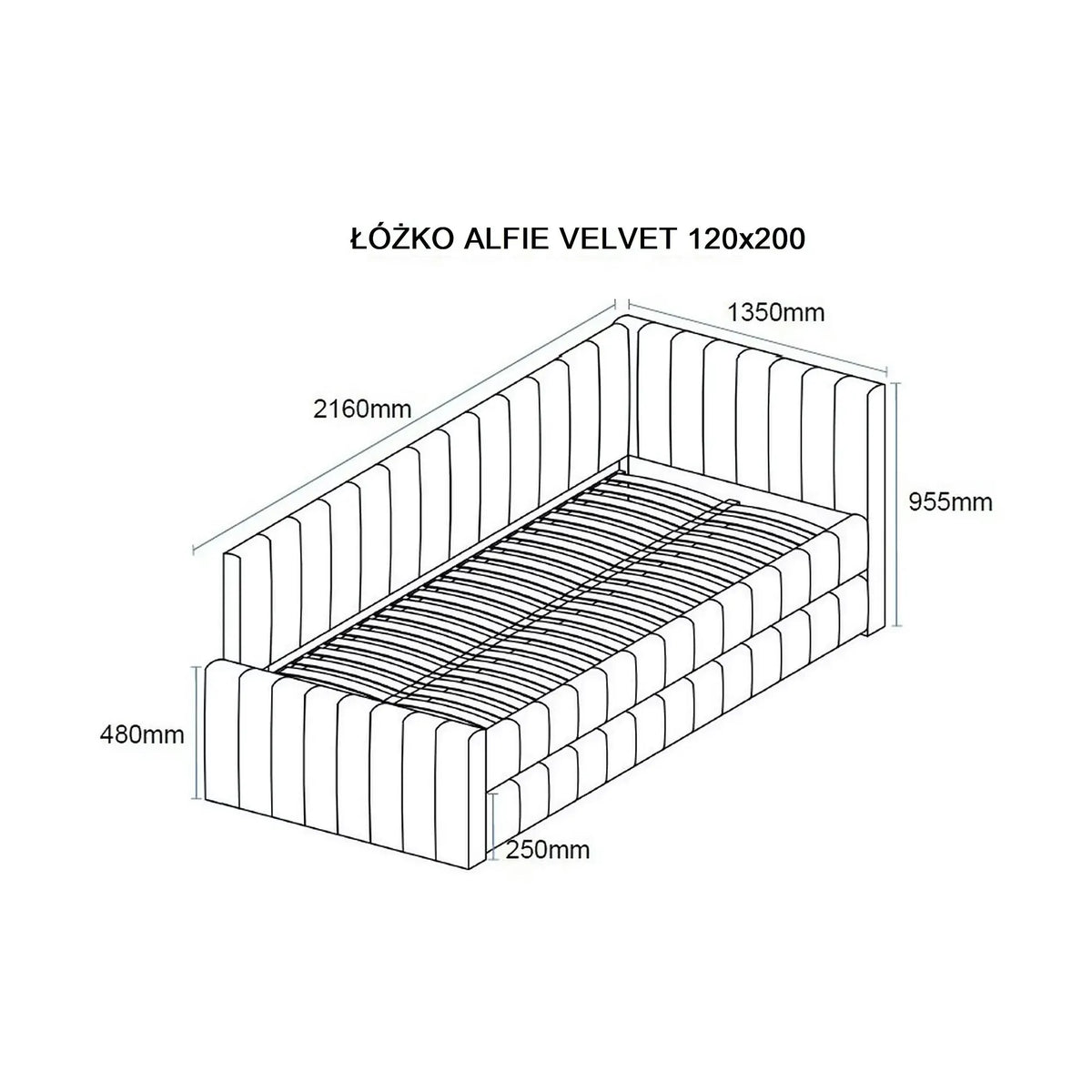 Divan 120x200 ALFIE, stofa catifelata gri - Bluvel 14, cu somiera si corp aditional
