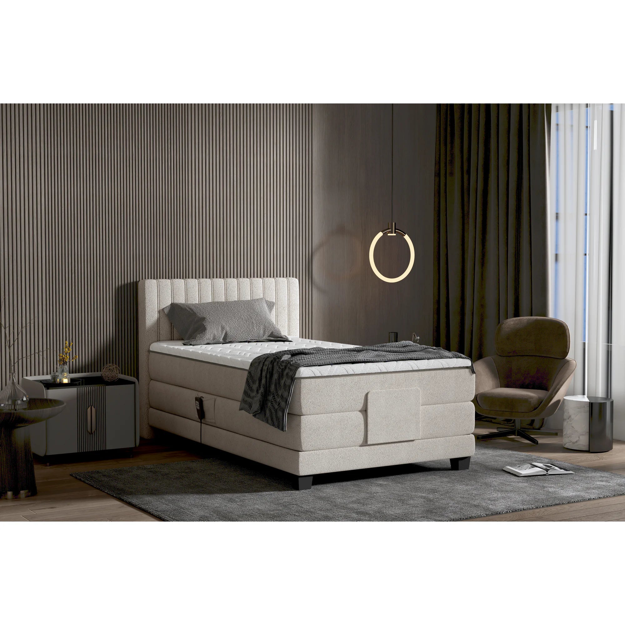 Pat boxspring DIXON 100x200, personalizabil materiale gama Oferta Avantaj, cu mecanism electric, saltele si topper