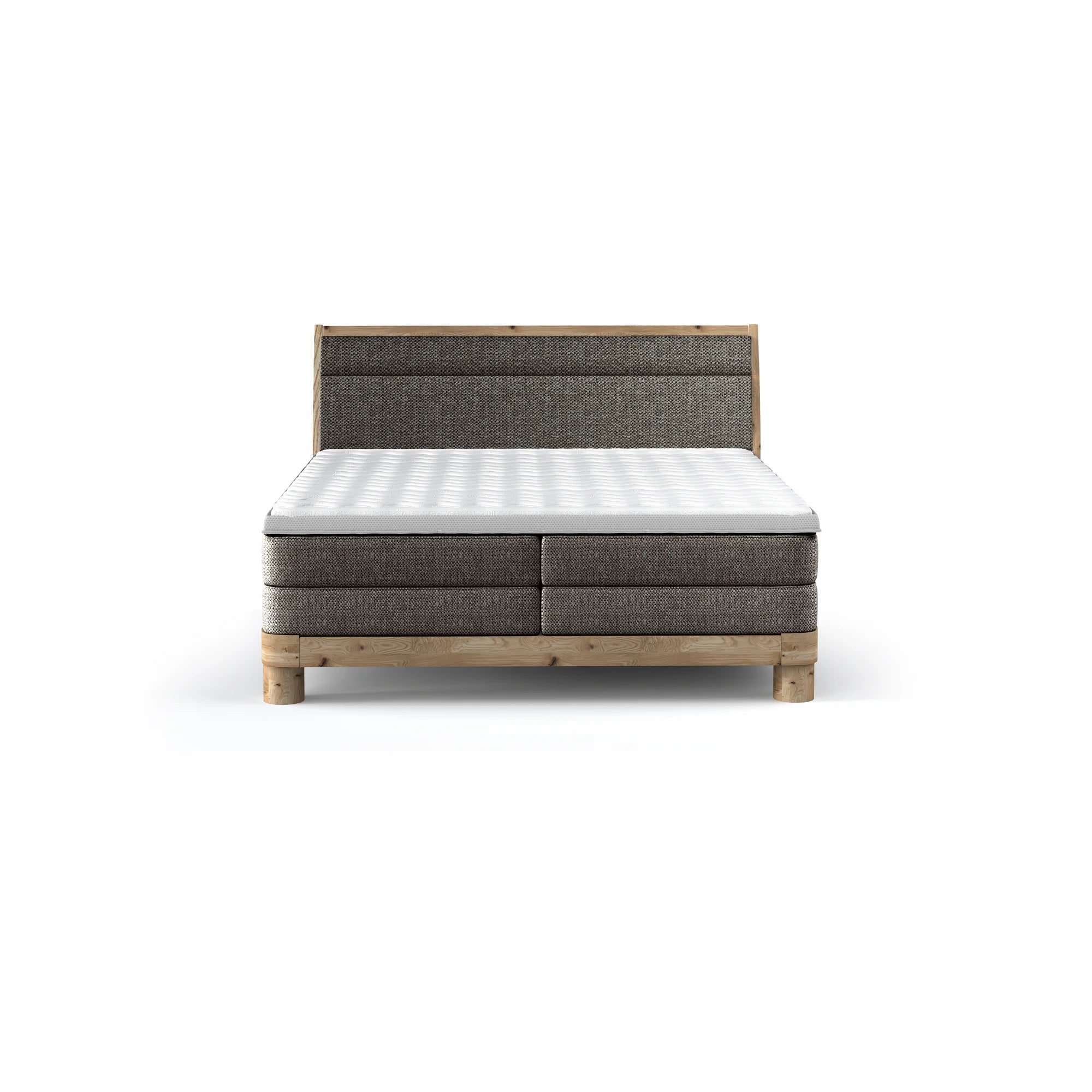 Pat lemn cu tablie tapitata DONNA 160x200, stofa catifelata bej - Shanghai 02, Gama Premium, cu saltea si topper