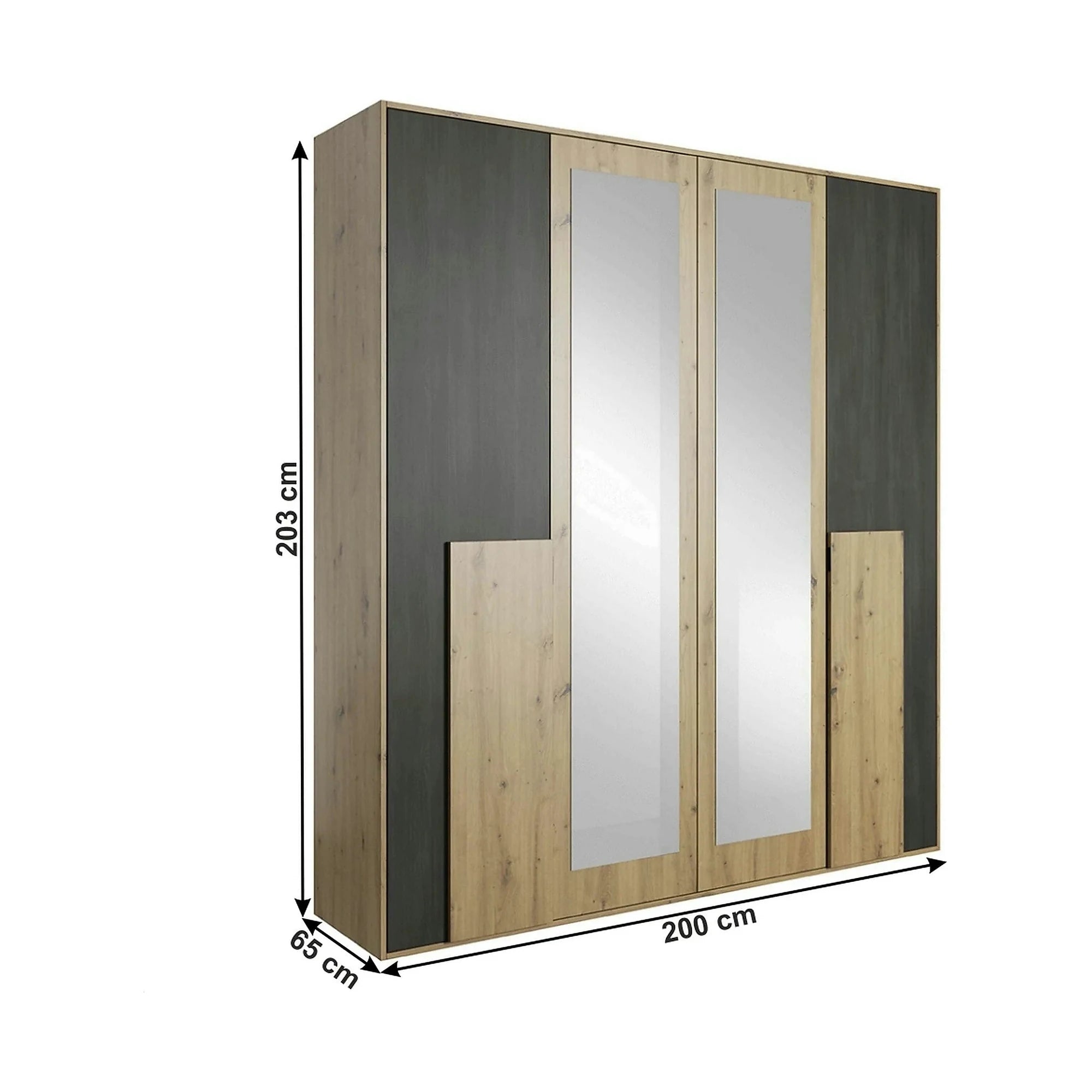 Dressing BAFRA, stejar artisan/pin negru, PAL laminat, cu 4 usi, 200x65x203 cm