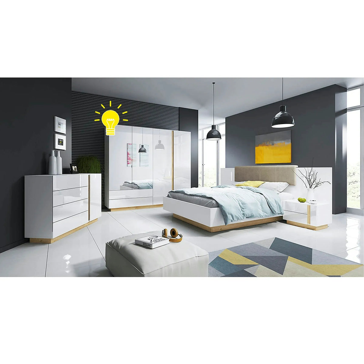 Dressing CITY, alb/stejar grandson, PAL laminat, cu iluminare LED, cu 4 usi si 2 sertare, 220x54x202 cm