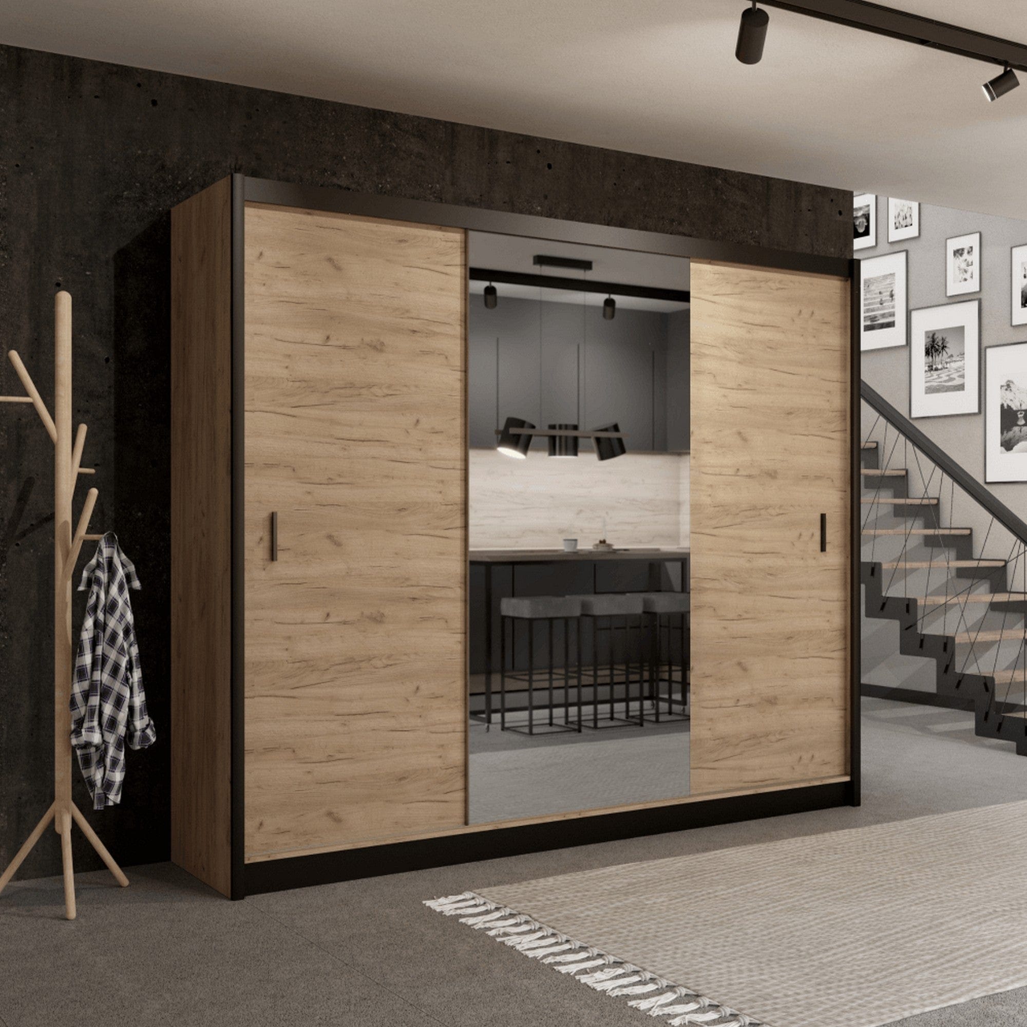 Dressing CRAFT, stejar craft/negru, PAL melaminat, cu 2 usi, 250x61x215 cm