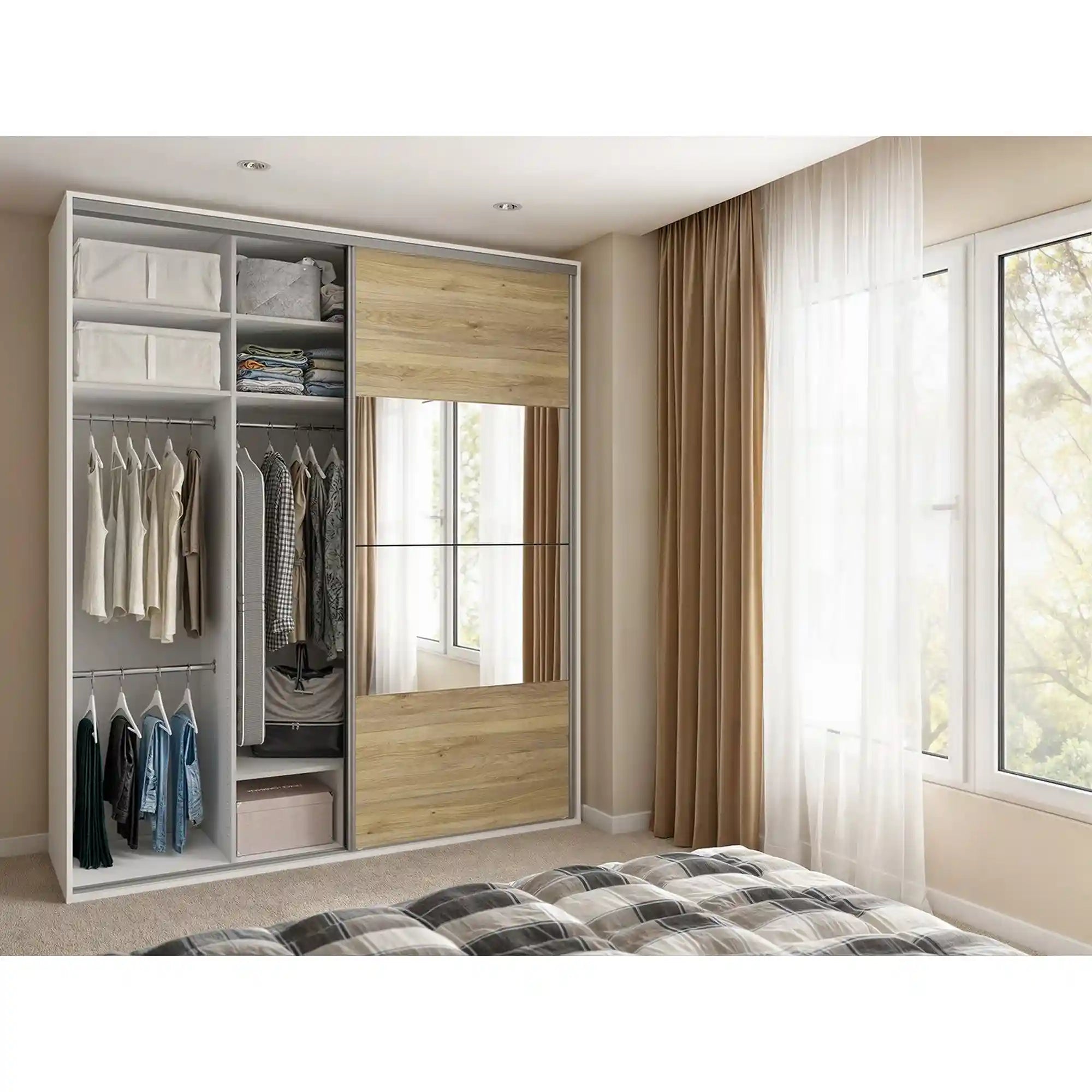 Dressing FLEX, alb/stejar, PAL, cu 2 usi, 200x66x240 cm