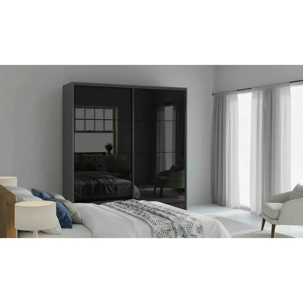 Dressing FLEX, gri grafit/negru lucios, PAL, cu 2 usi, 220x66x240 cm