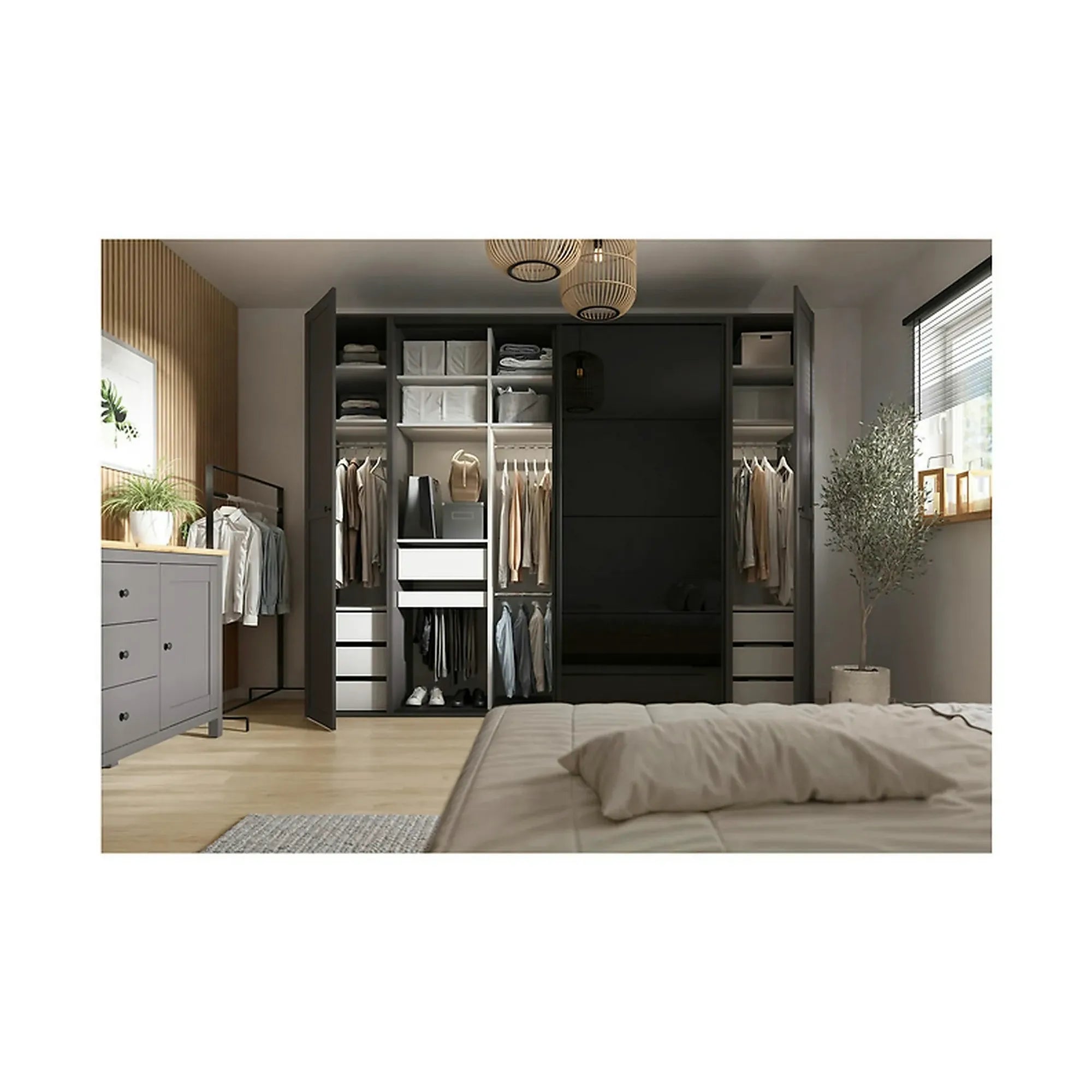 Dressing FLEX, gri grafit/negru lucios, PAL, cu 4 usi, 250x66x240 cm