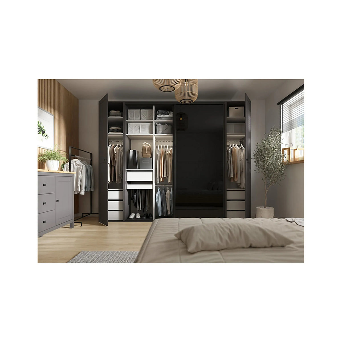 Dressing FLEX, gri grafit/negru lucios, PAL, cu 4 usi glisante, 220x66x218 cm