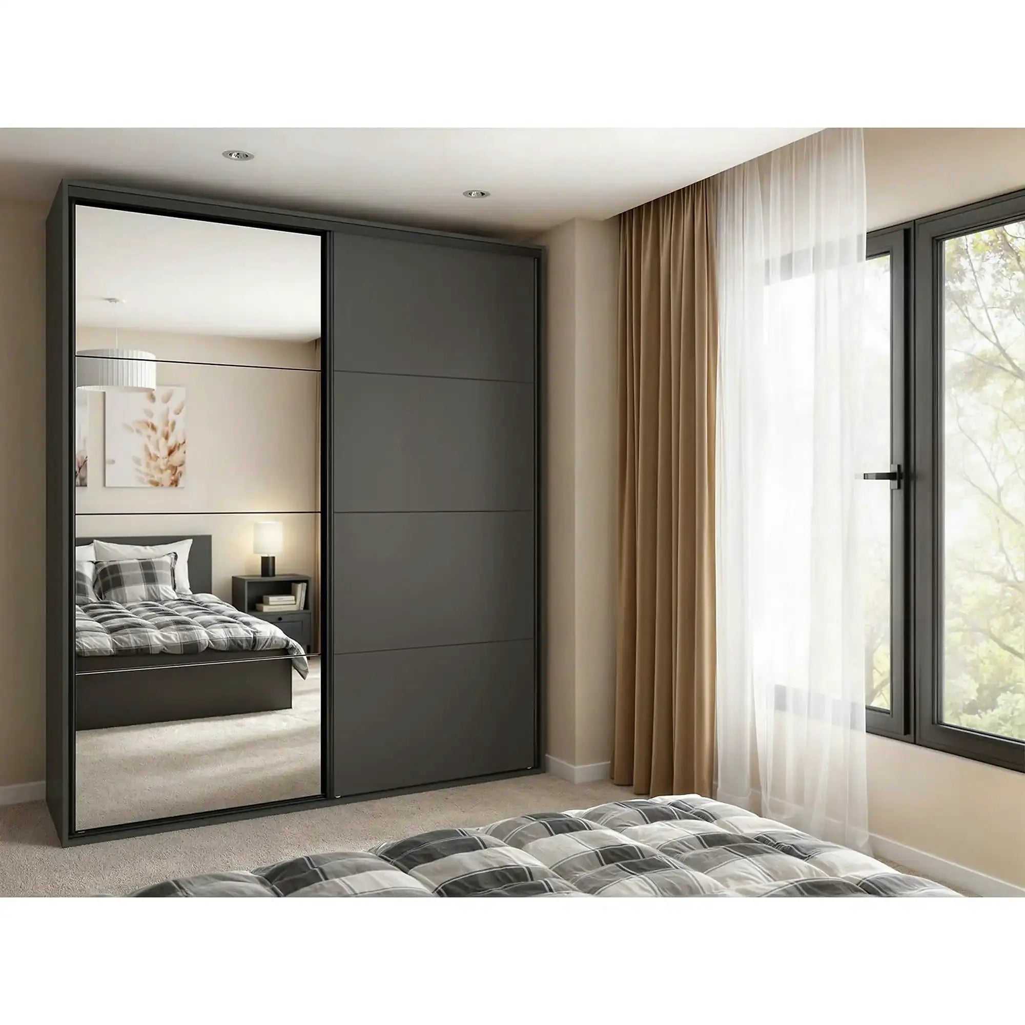 Dressing FLEX, gri grafit, PAL, cu 2 usi si oglinda, 200x66x240 cm