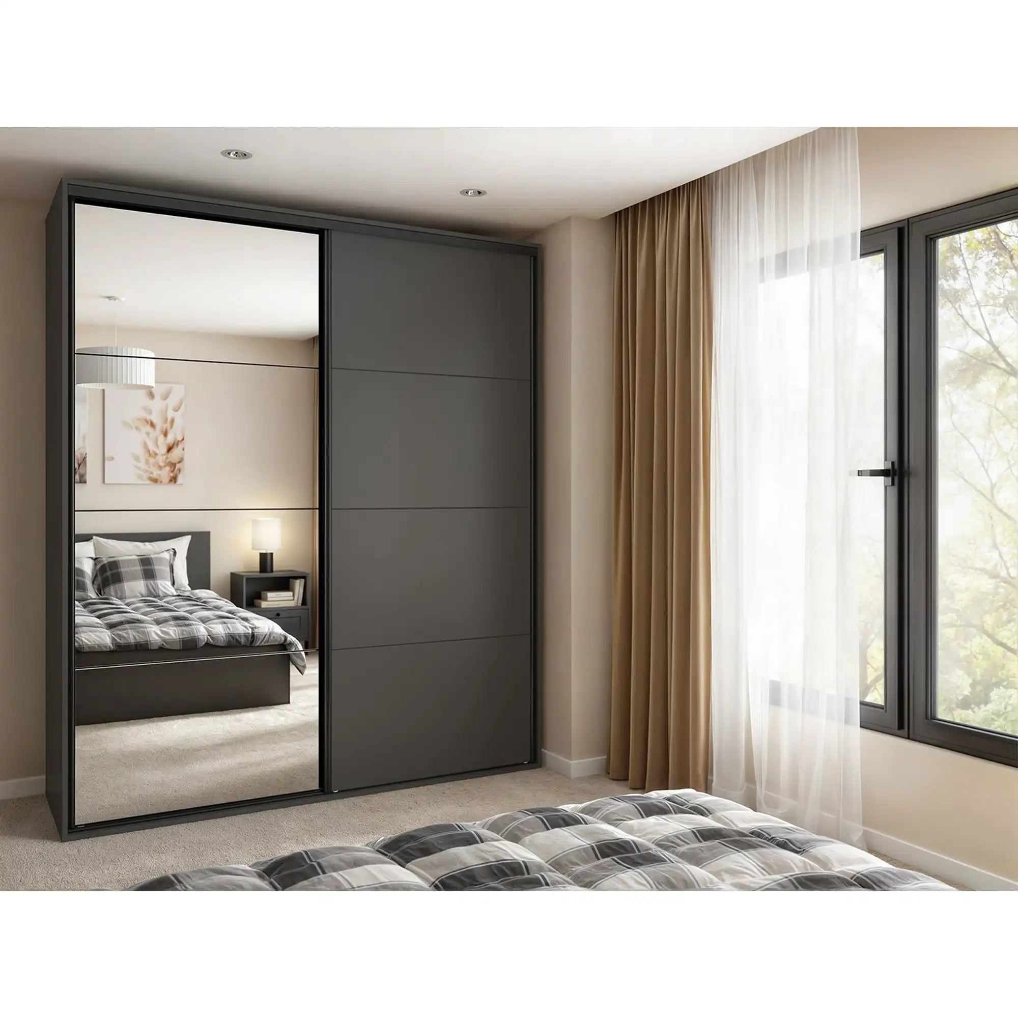 Dressing FLEX, gri grafit, PAL, cu 2 usi si oglinda, 200x66x240 cm