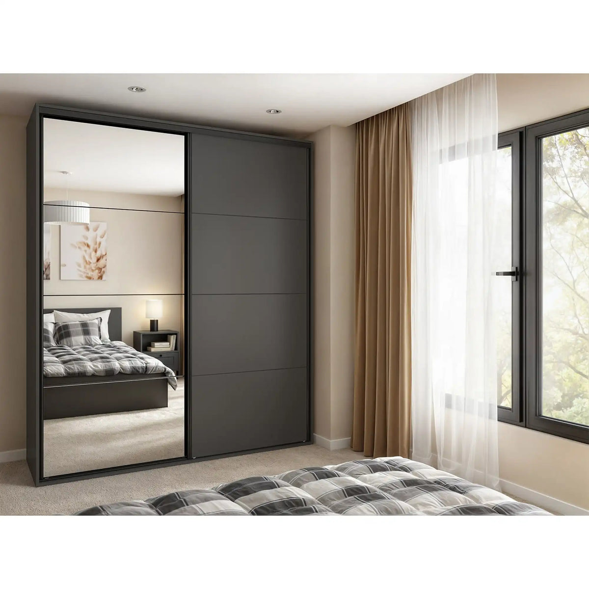 Dressing FLEX, gri grafit, PAL, cu 2 usi si oglinda, 200x66x240 cm