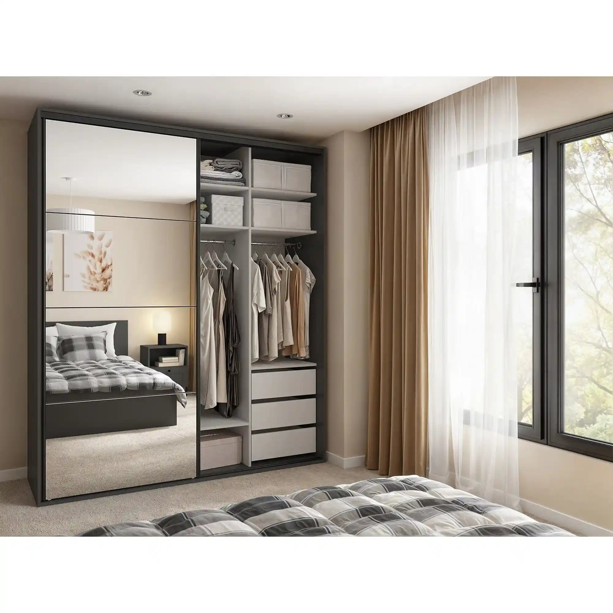 Dressing FLEX, gri grafit/stejar artisan, PAL, cu 2 usi, 200x66x240 cm