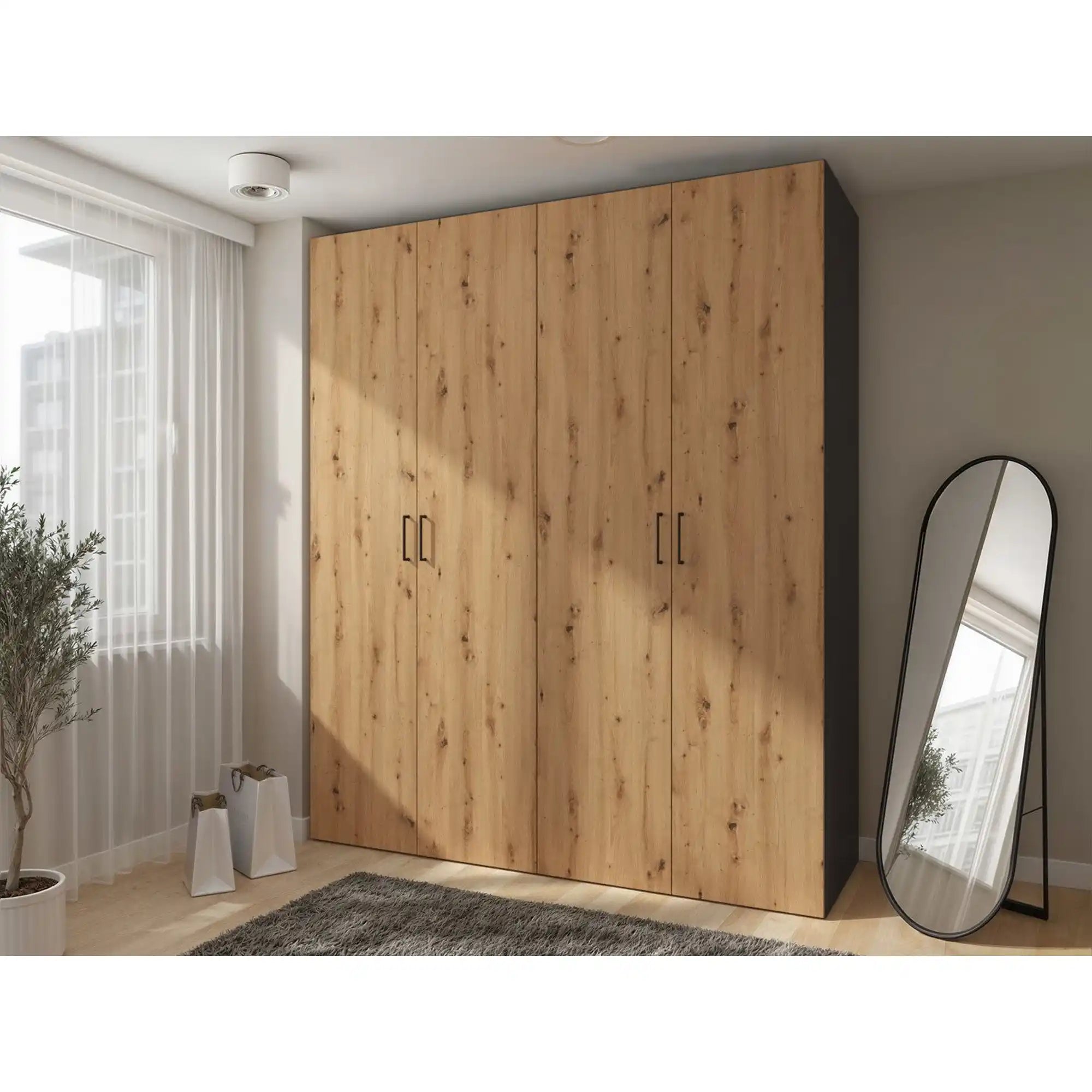 Dressing FLEX, gri grafit/stejar artisan, PAL, cu 4 usi, 200x66x240 cm