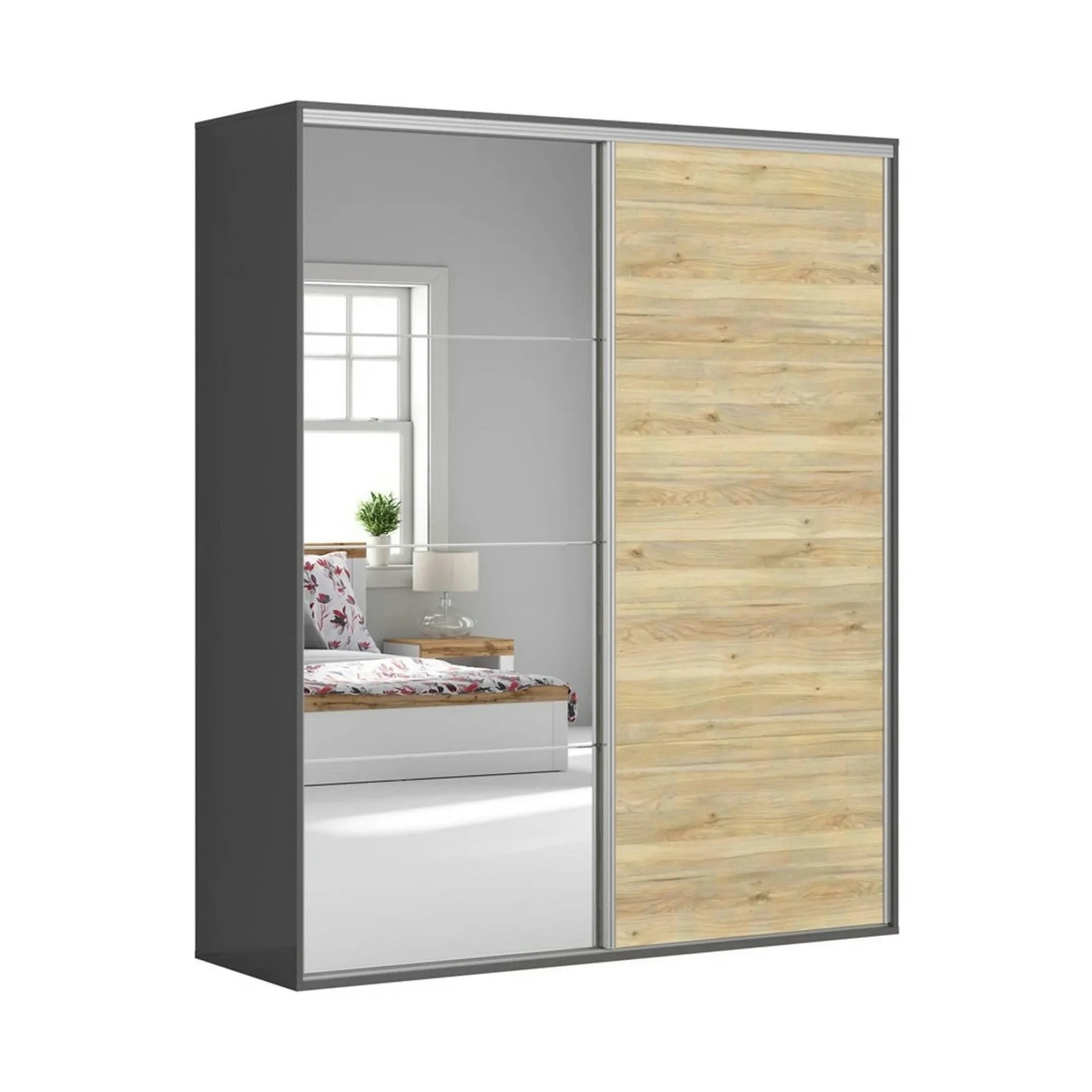 Dressing FLEX, gri grafit/stejar, PAL, cu 2 usi, 200x66x240 cm