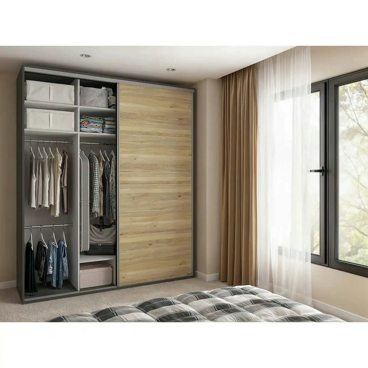 Dressing FLEX, gri grafit/stejar, PAL, cu 2 usi, 200x66x240 cm