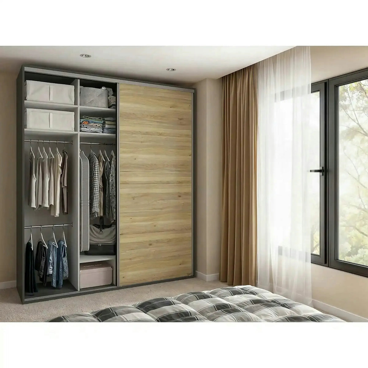 Dressing FLEX, gri grafit/stejar, PAL, cu 2 usi, 200x66x240 cm