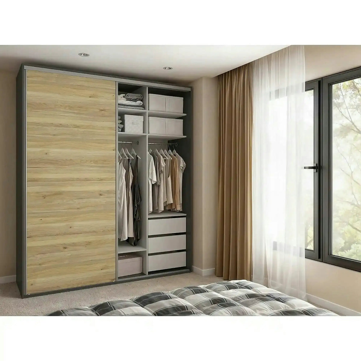 Dressing FLEX, gri grafit/stejar, PAL, cu 2 usi, 200x66x240 cm