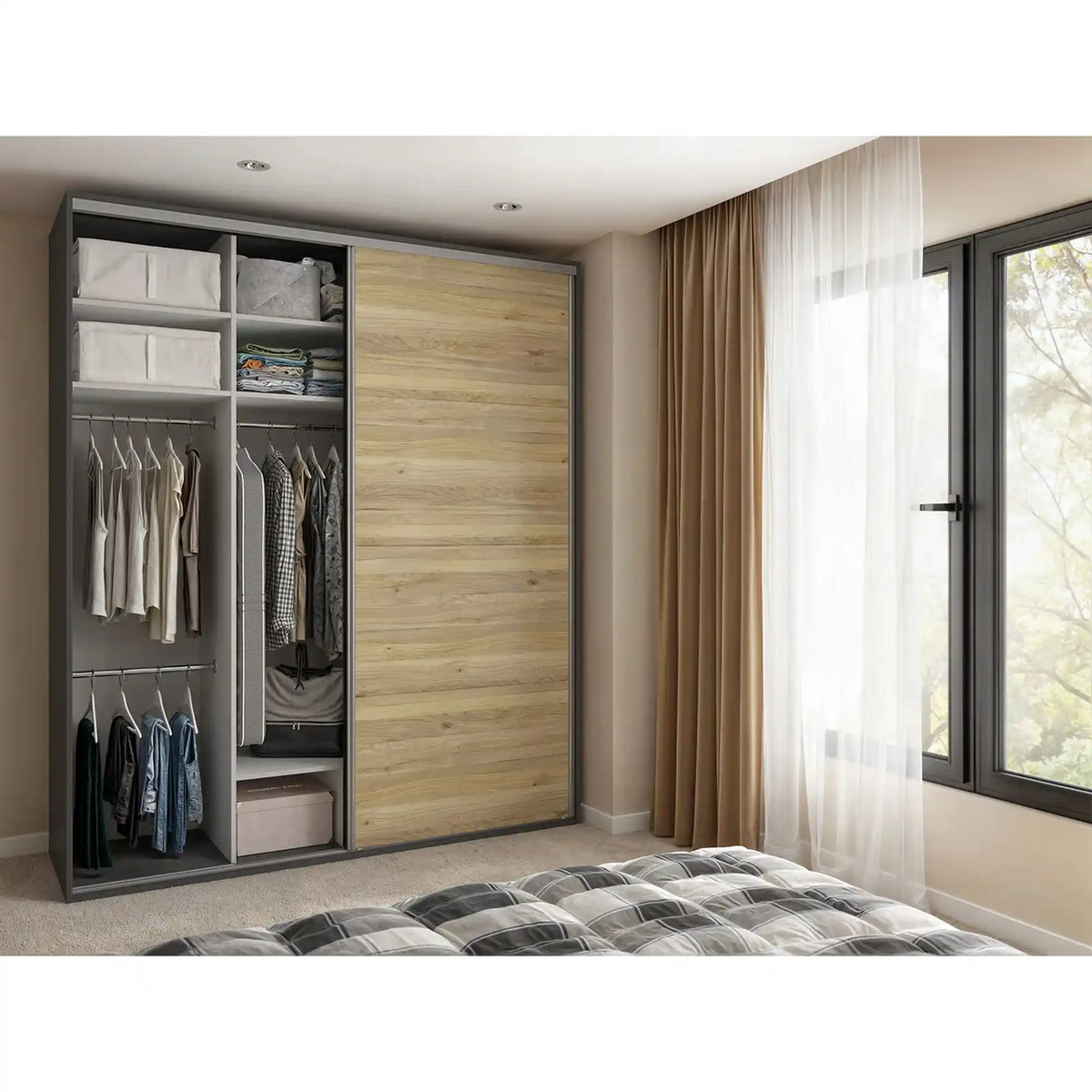 Dressing FLEX, gri grafit/stejar, PAL, cu 2 usi, 200x66x240 cm