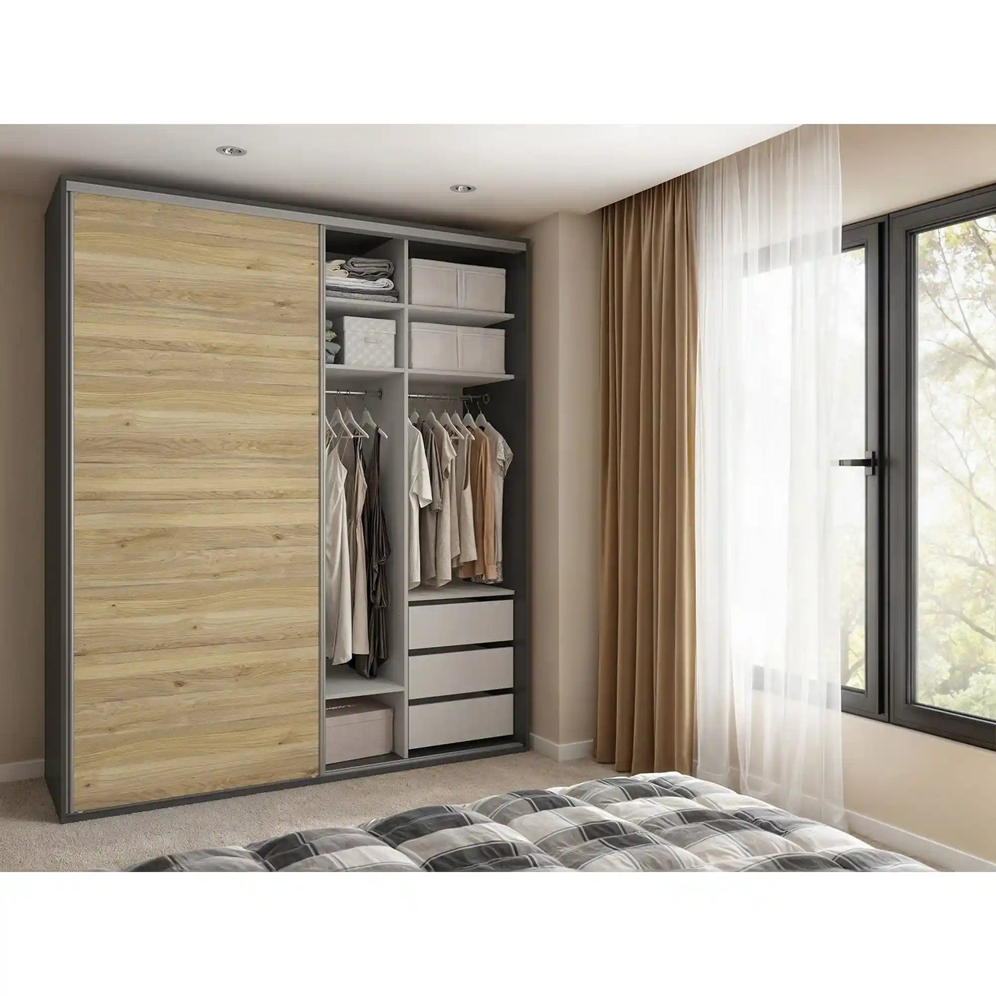 Dressing FLEX, gri grafit/stejar, PAL, cu 2 usi, 200x66x240 cm