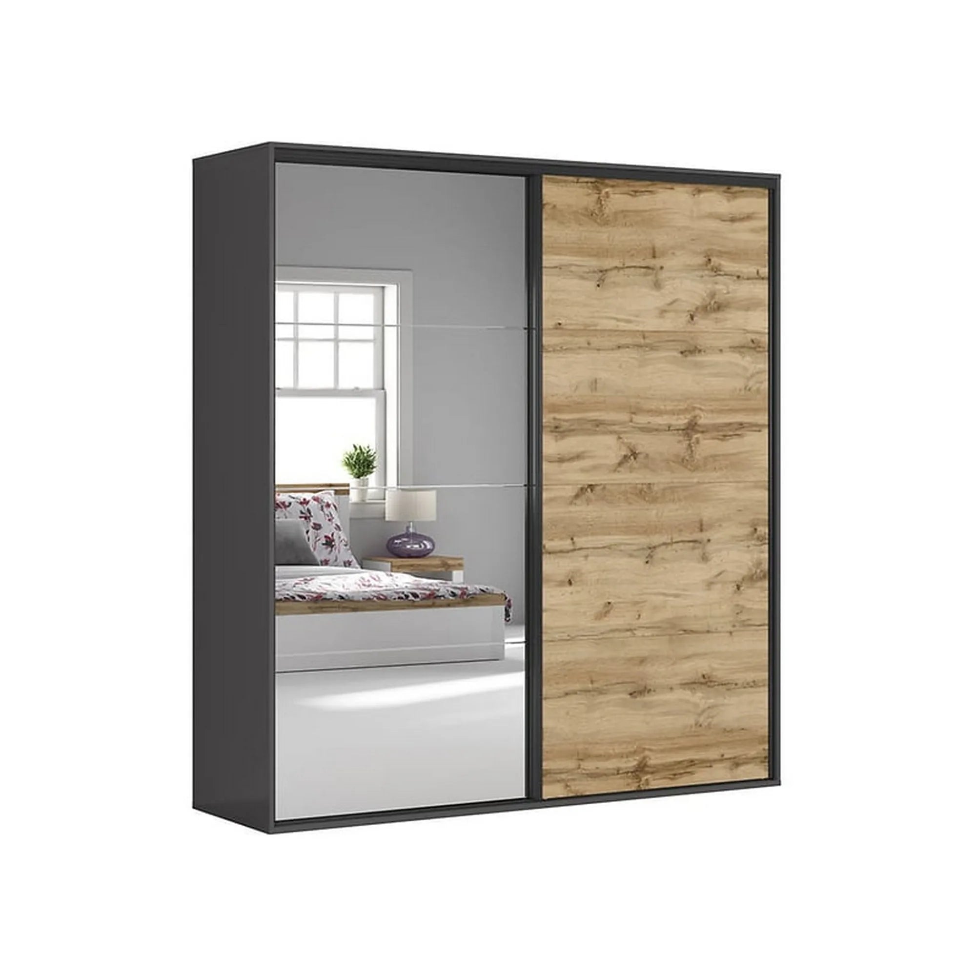 Dressing FLEX, gri grafit/stejar wotan, PAL, cu 2 usi si oglinda, 220x66x240 cm