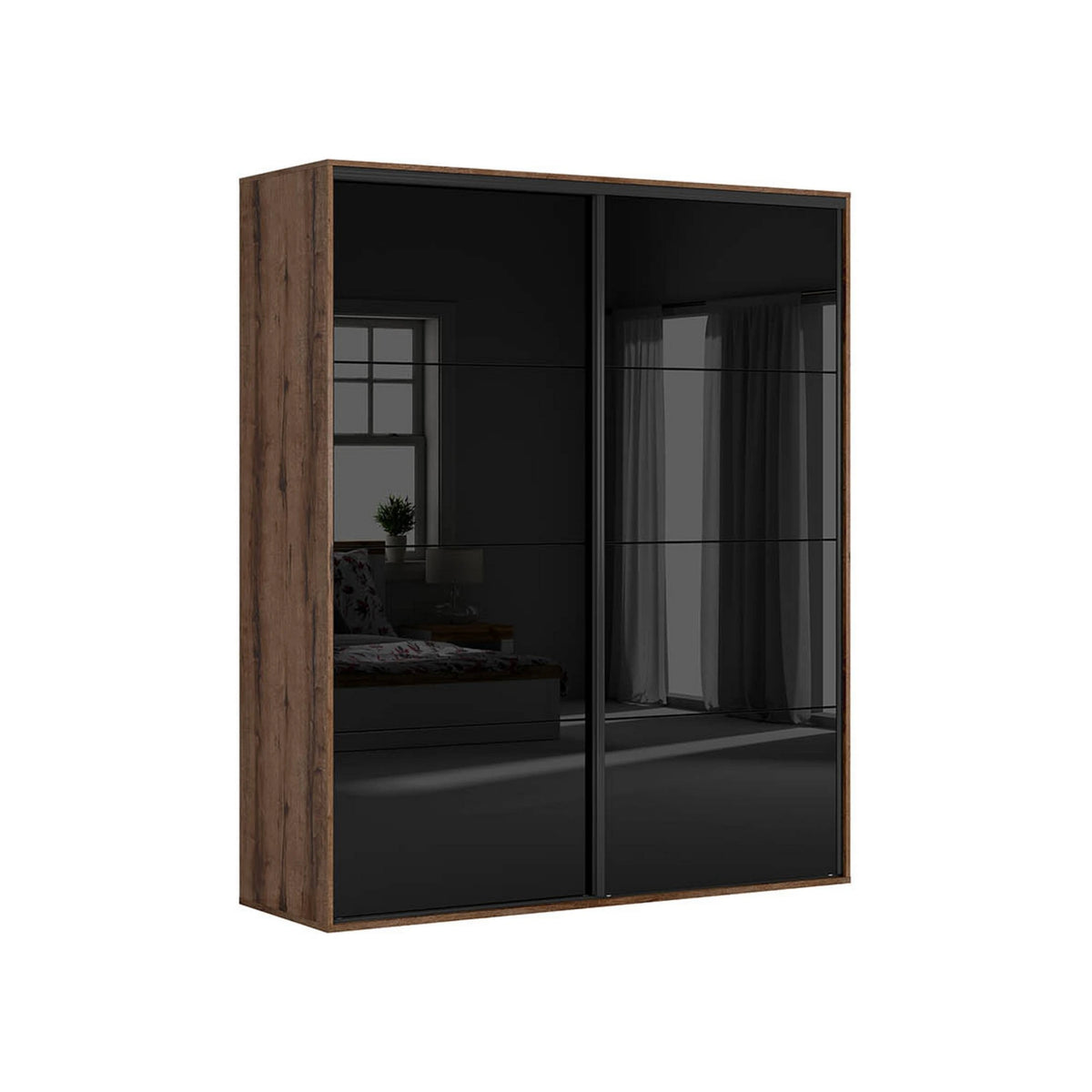 Dressing FLEX, stejar inchis/negru lucios, PAL, cu 2 usi glisante, 200x66x240 cm