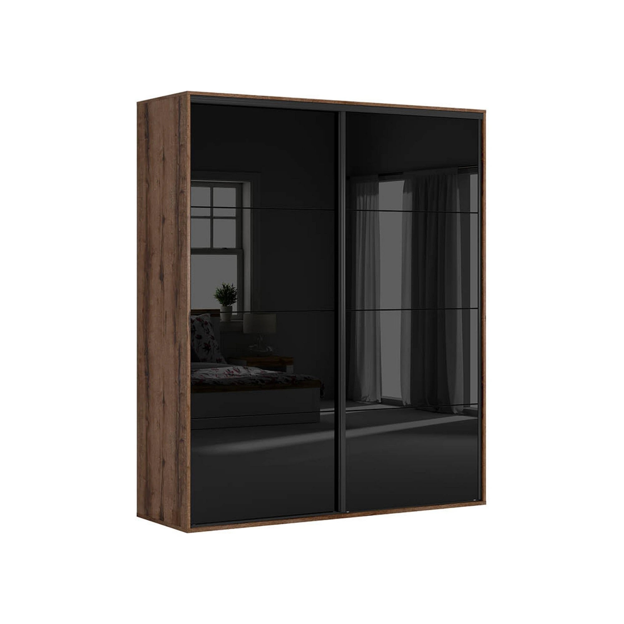 Dressing FLEX, stejar inchis/negru lucios, PAL, cu 2 usi glisante, 200x66x240 cm