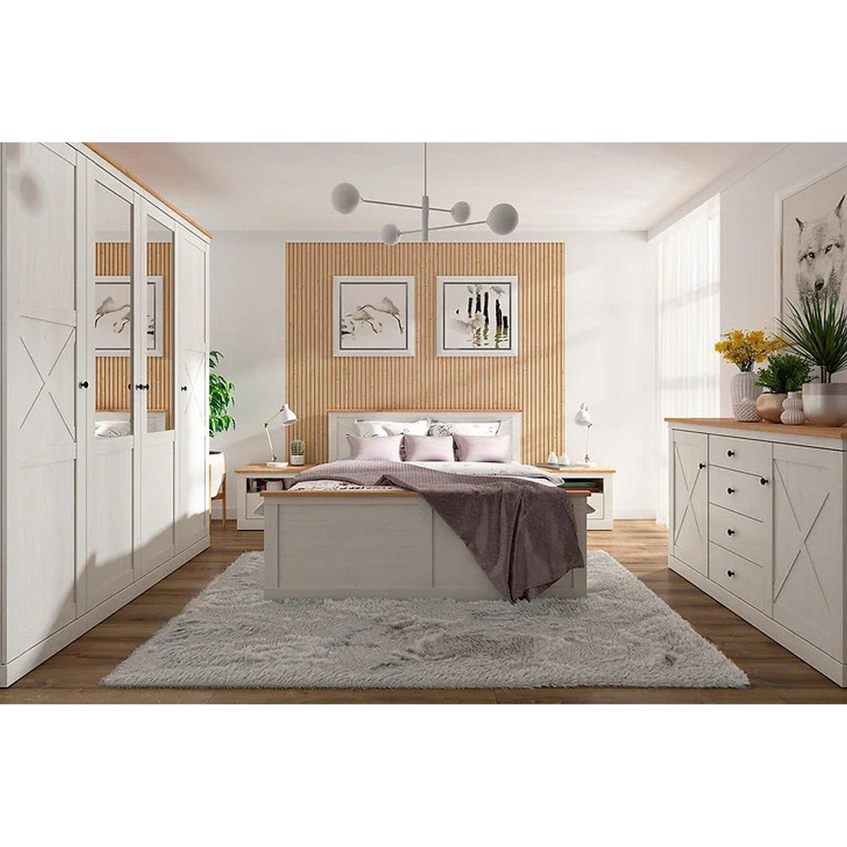 Dressing FRIJA, alb/stejar artisan, PAL melaminat, cu 4 usi, 203x58x220 cm